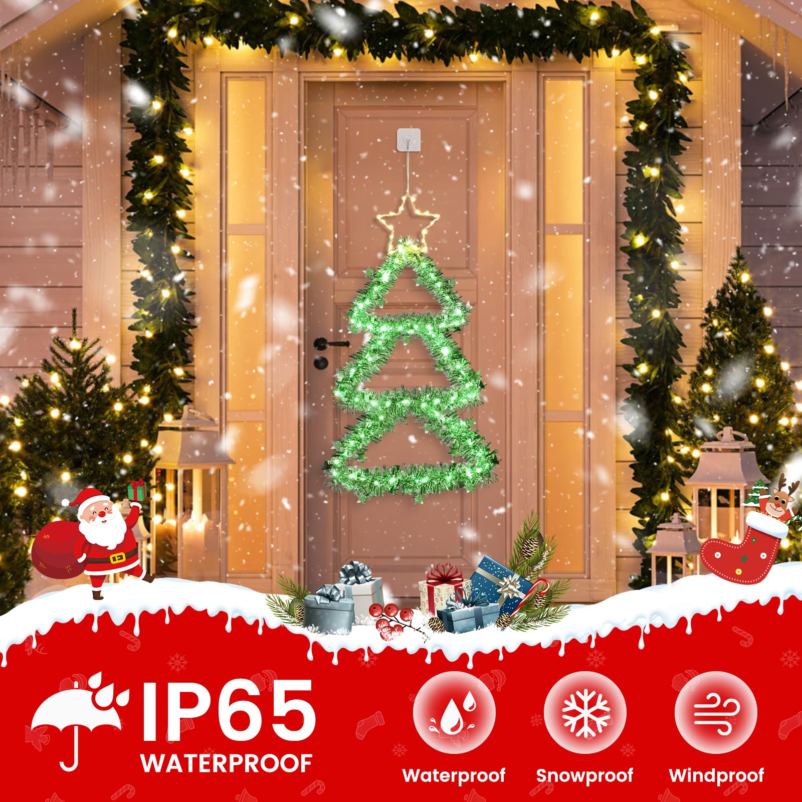 Quntis LED Christmas Decorations Lights, Green Lighted Christmas Tree with Silver Tinsel and Warm White Star Topper, Battery Operated Hanging Lights for Indoor Outdoor, Window Wall Door Home Decor