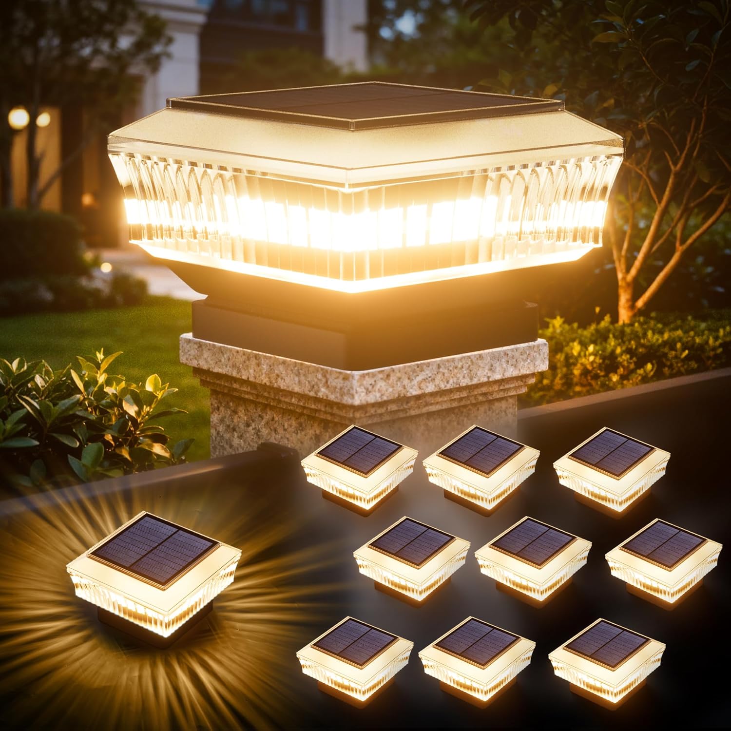 Quntis 10-Pack Waterproof Solar Post Caps, 3 Color Temperatures, 300LM High Brightness Solar Deck Lights, Auto On/Off, Fits 3.5-Inch and Larger Posts