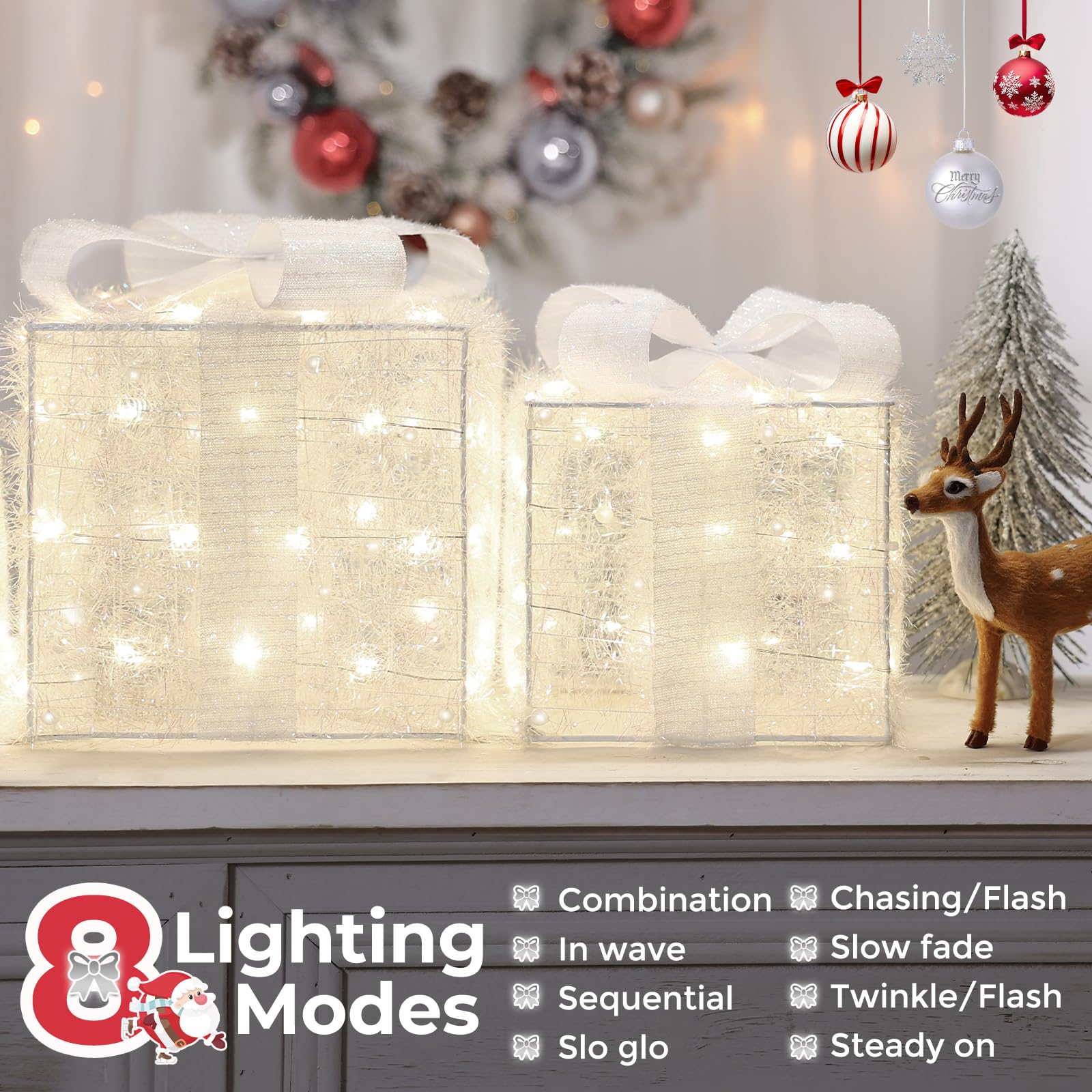 Quntis Christmas Lighted Gift Boxes, Set of 3 Christmas Decoration Present Boxes with 140 LED Lights, 8 Flash Modes Christmas Decor Plug in,Xmas Boxes for Christmas Tree Indoor Outdoor Home Front Door