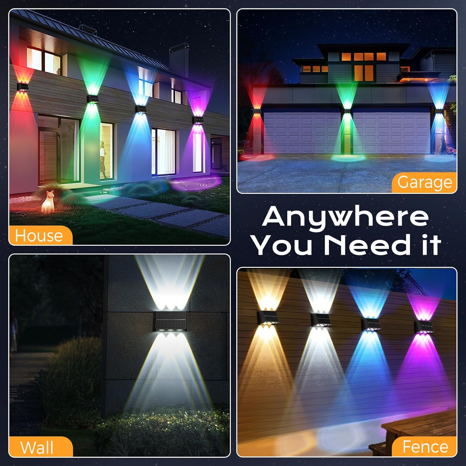 Quntis RGBCW Solar Fence Lights (4 Pack), 6-LED Up and Down Outdoor Wall Lights, IP65 Waterproof Wireless Solar Powered Sconces for Garden, Yard, Patio, and Pathway Decor