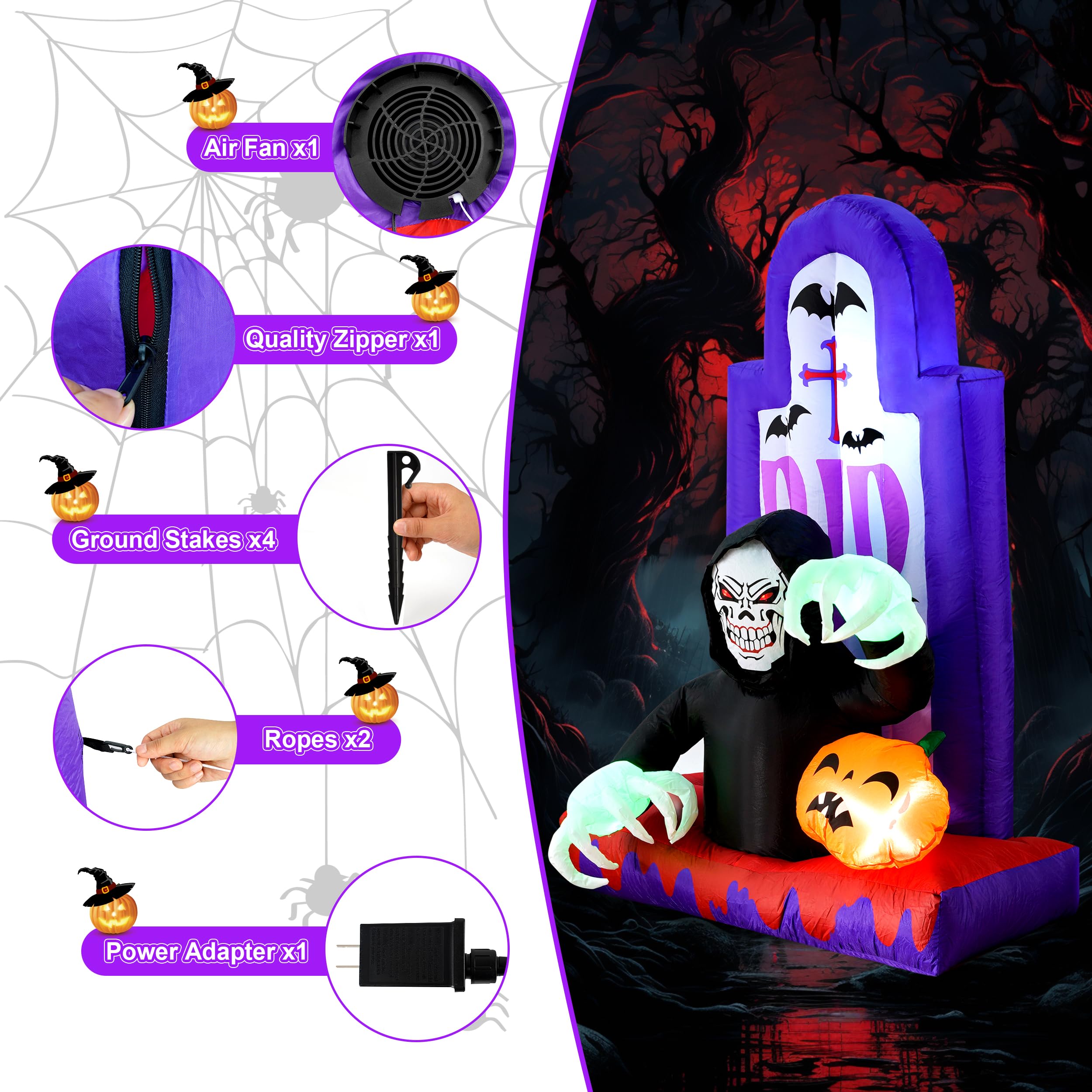 Quntis Inflatable Halloween Yard Decorations，Outdoor Blow Up Yard Grim Reaper Pumpkin Gravestones Decor，Built-in LED Lights for Outdoor Halloween Lawn Decor