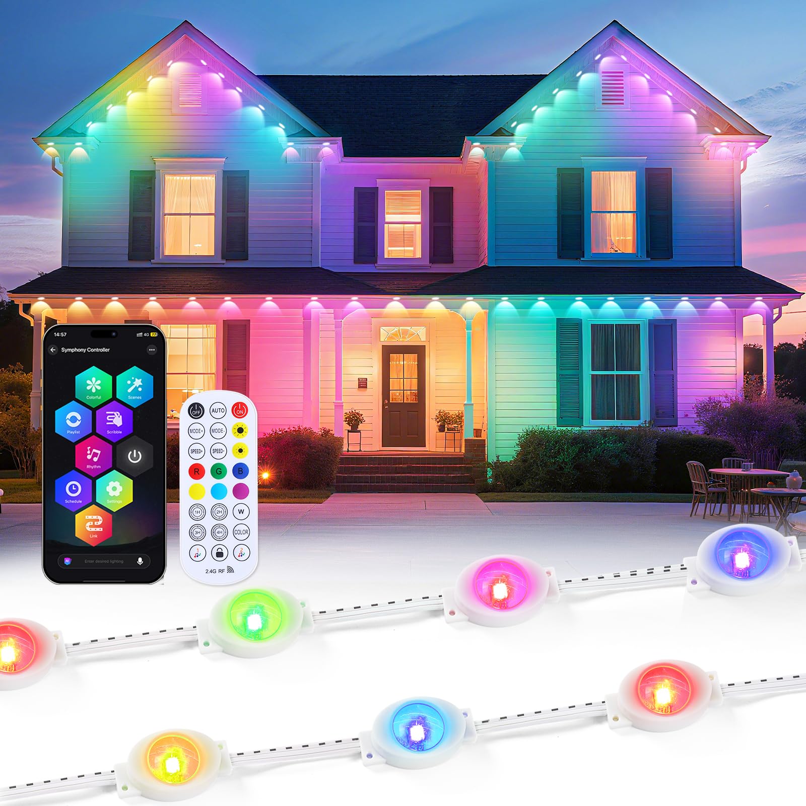 Quntis Smart Eave Lights, 15m 30LEDs Permanent Outdoor Lights, Smart RGBIC Eaves Light with App & Bluetooth Controller+Remote, Waterproof Eave String Light for Garden Party Patio Christmas Decor
