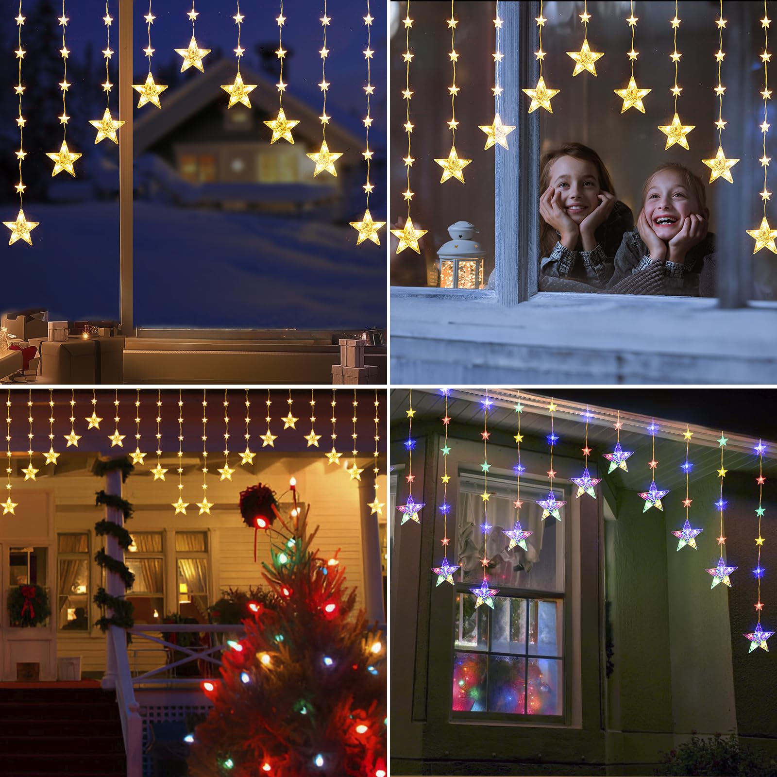 Quntis Christmas Curtain Lights Color Changing, 76LED 9 Stars Battery Operated Christmas Window Lights with Timer & 11 Mode, Waterproof Star Light String for Diwali Christmas Decoration Outdoor Indoor