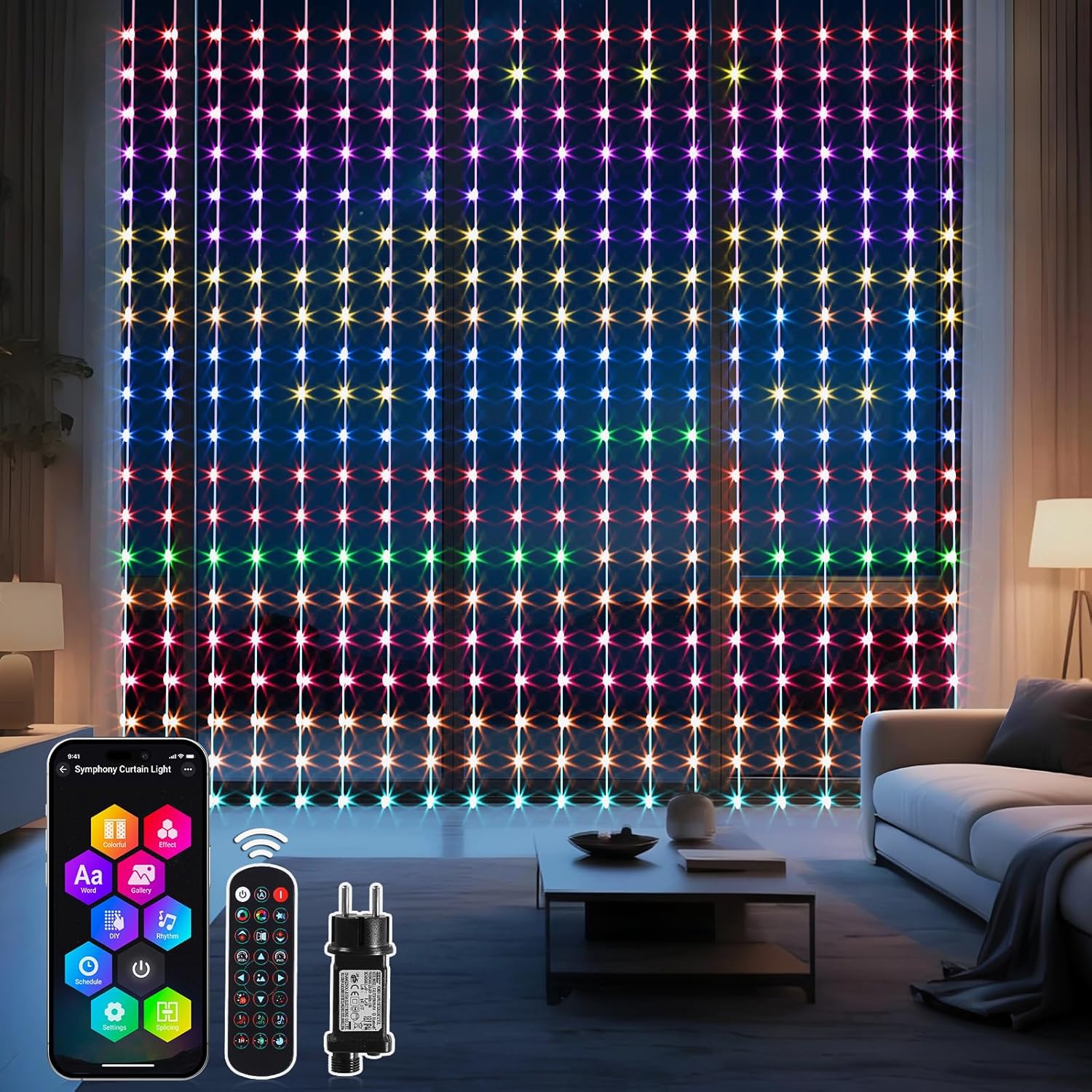 Quntis Smart RGB Curtain Fairy Lights, App/Remote Controlled with Music Sync, 3x3M 400 LED Tinsel Lights, Waterproof for Bedroom, Party & Holiday Decor.