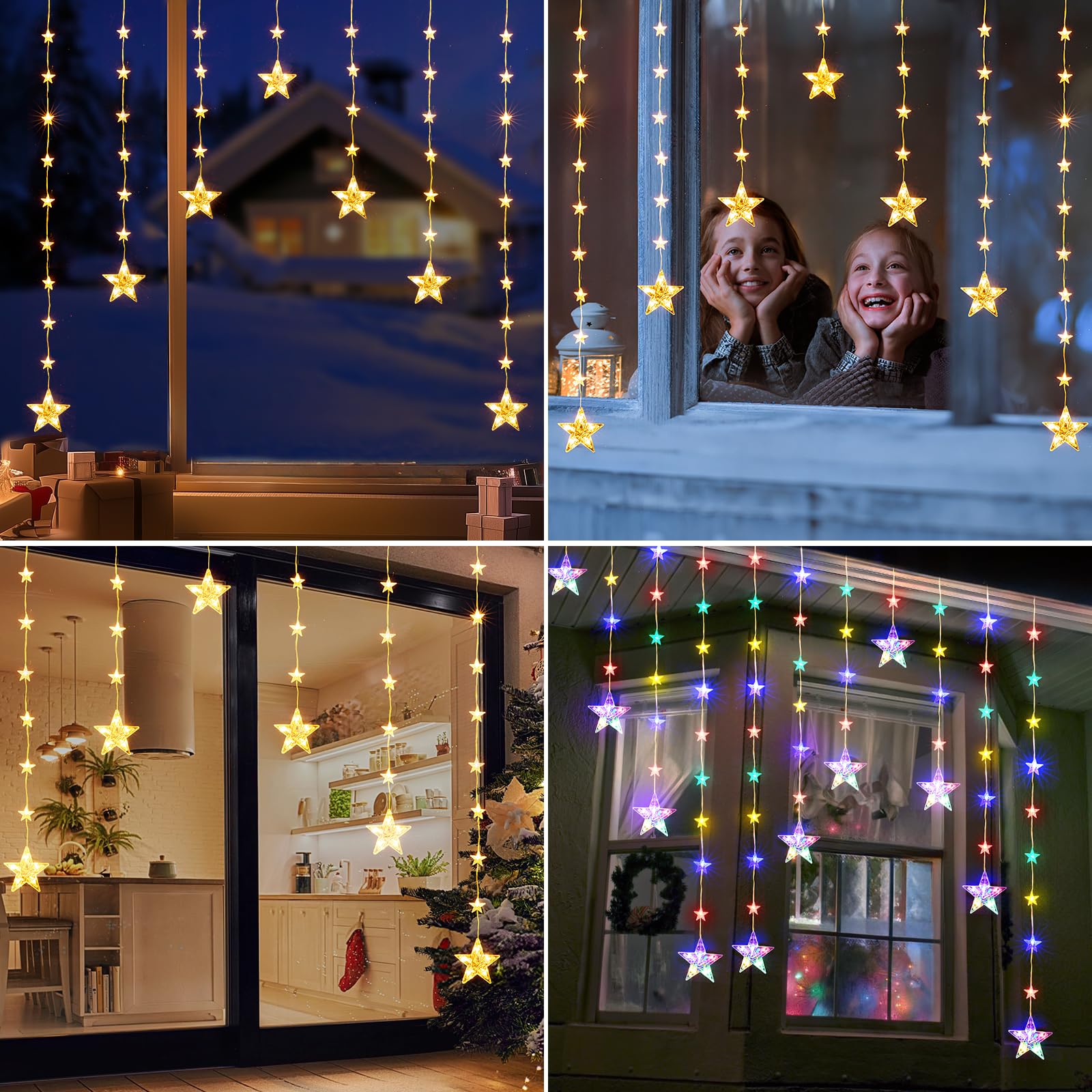 Quntis Christmas Star Window Lights, 1.5m 46 Led Star Curtain Lights 8 Modes Ip65 Waterproof Warm White & RGB Fairy Lights Battery Operated for Indoor Outdoor Home Bedroom Garden Party Decoration