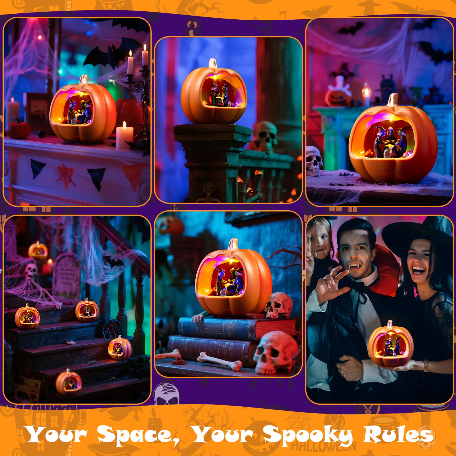 Quntis Halloween Globe Lantern 6 Inch with Pumpkin Decorations, 360° Rotating Witches, Spooky Music & Colorful Lights, Battery Operated Halloween Decorations for Indoor Party & Table Decor