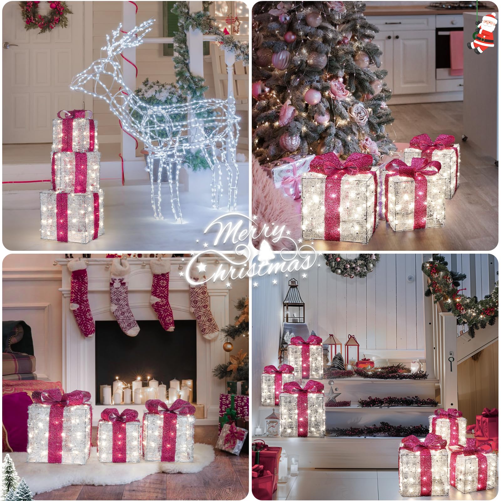 Quntis Christmas Decorations, Set of 3 Valentine's Day Gift Boxes with 140 LED Lights, 8 Flash Modes Lighted Present Boxes, Hot Pink Bow Xmas Boxes for Christmas Tree Indoor Outdoor Home Front Door
