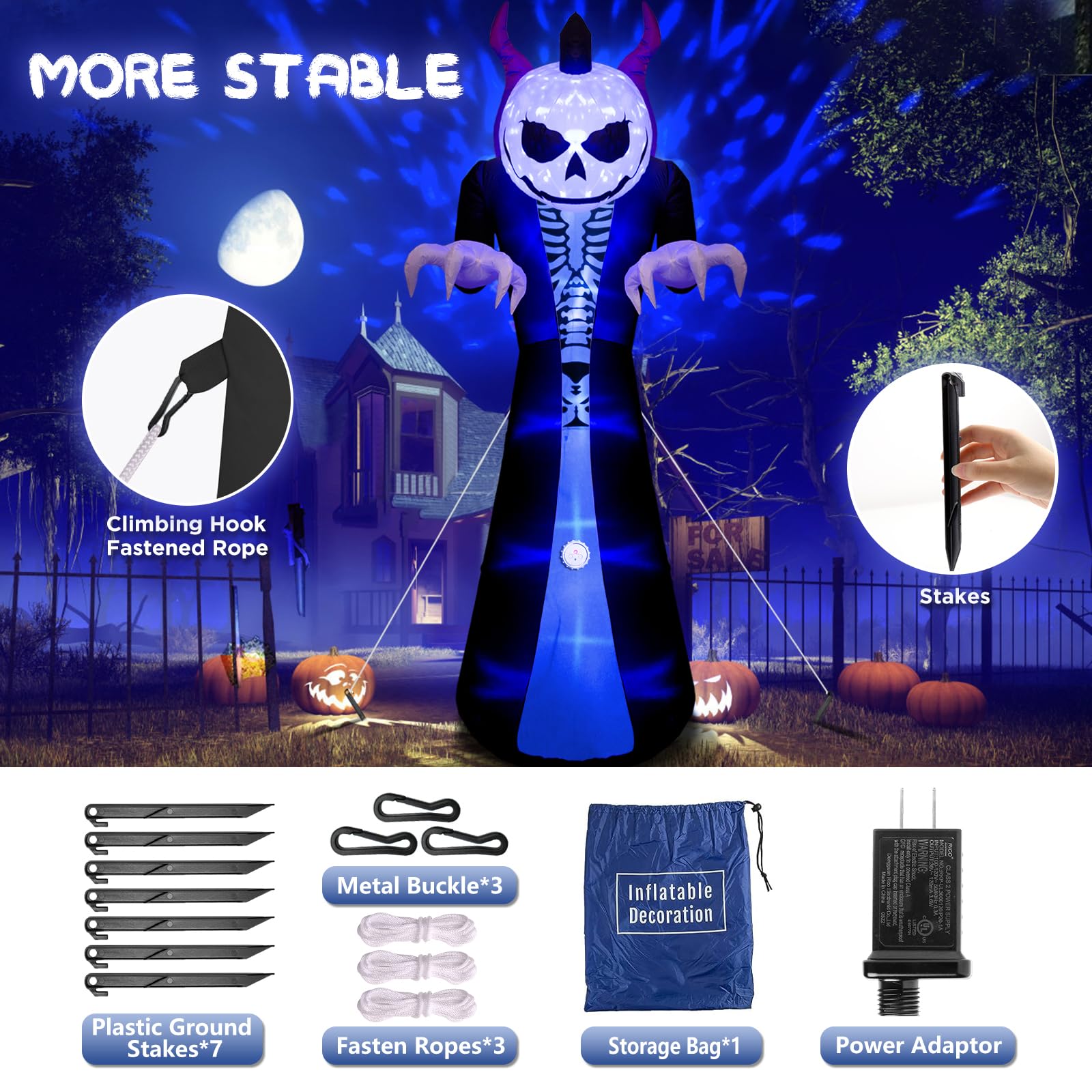 10FT Halloween Inflatable Grim Reaper Ghost – Screaming Horn, Flame Projection, and Pumpkin Head, Outdoor Blow-Up Yard Decoration for Lawn and Garden