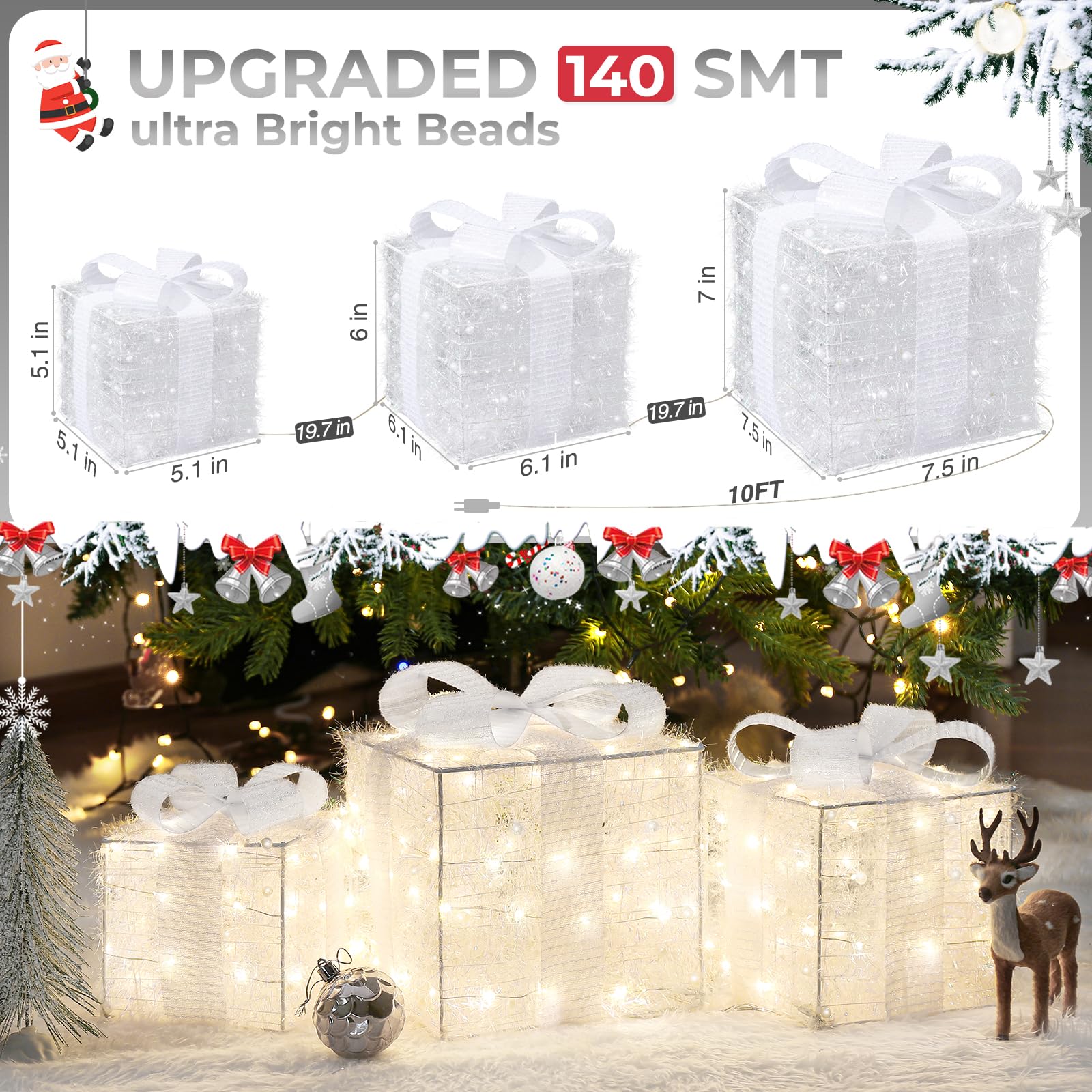 Quntis Christmas Lighted Gift Boxes, Set of 3 Christmas Decoration Present Boxes with 140 LED Lights, 8 Flash Modes Christmas Decor Plug in,Xmas Boxes for Christmas Tree Indoor Outdoor Home Front Door