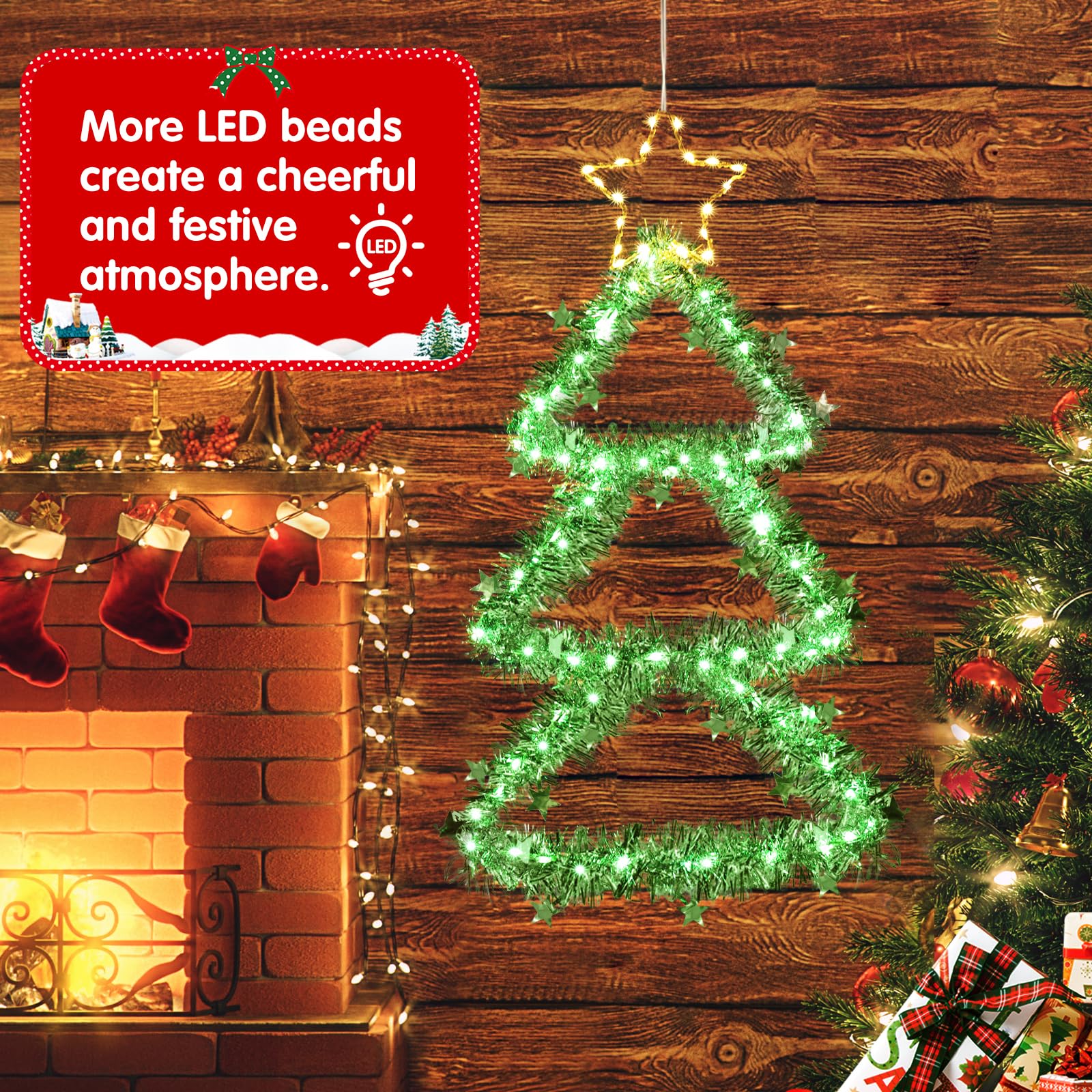Quntis LED Christmas Decorations Lights, Green Lighted Christmas Tree with Silver Tinsel and Warm White Star Topper, Battery Operated Hanging Lights for Indoor Outdoor, Window Wall Door Home Decor