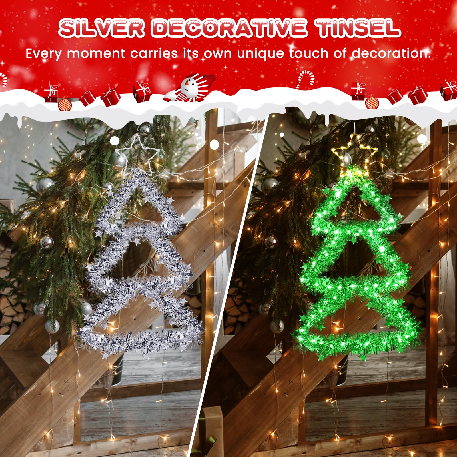 Quntis LED Christmas Decorations Lights, Green Lighted Christmas Tree with Silver Tinsel and Warm White Star Topper, Battery Operated Hanging Lights for Indoor Outdoor, Window Wall Door Home Decor