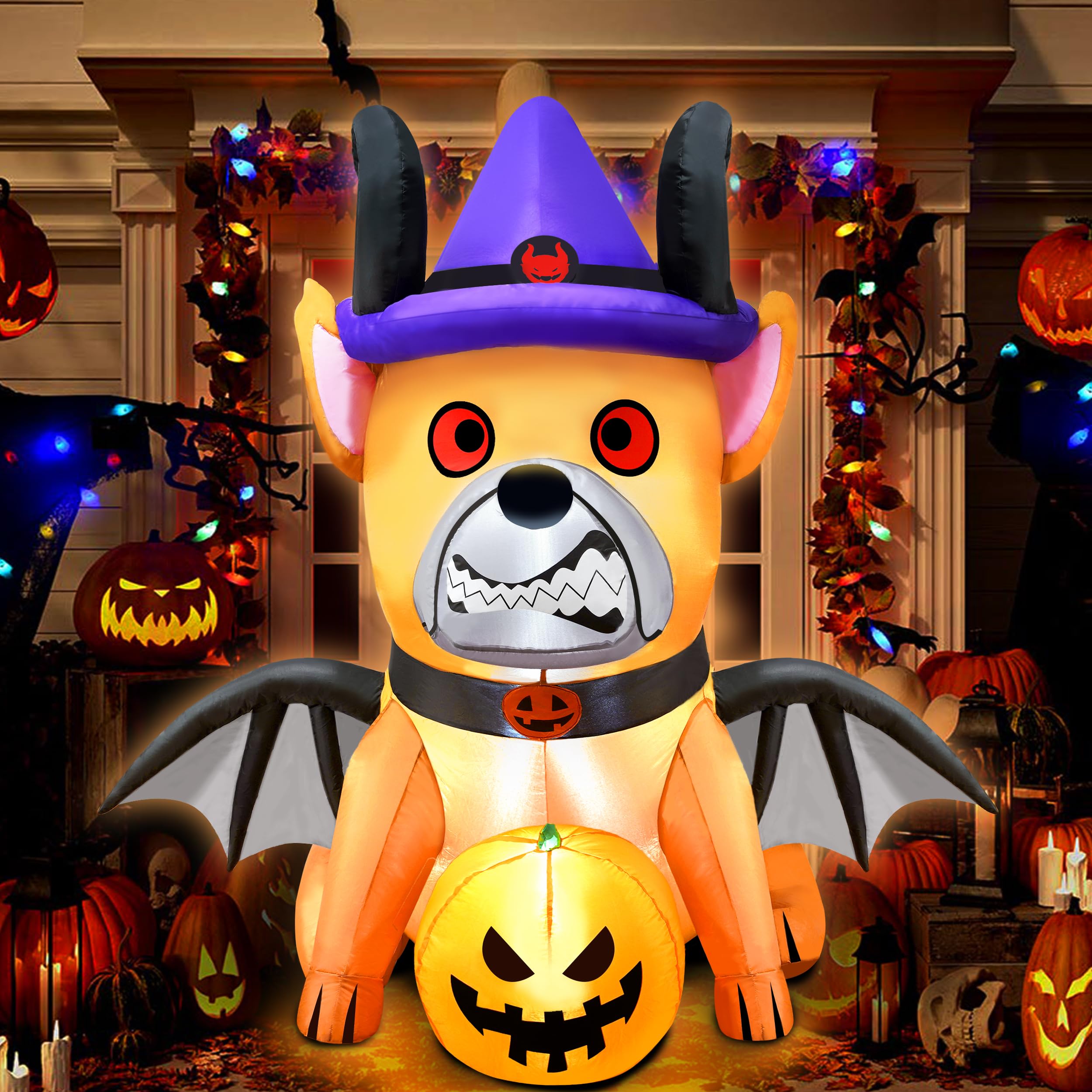 5FT Halloween Inflatables Devil Puppy Outdoor Decorations Build-in Bright LEDs Blow Up Yard with Pumpkin Wing Witch Hat Halloween Decor for Holiday Party Indoor Garden Lawn Home