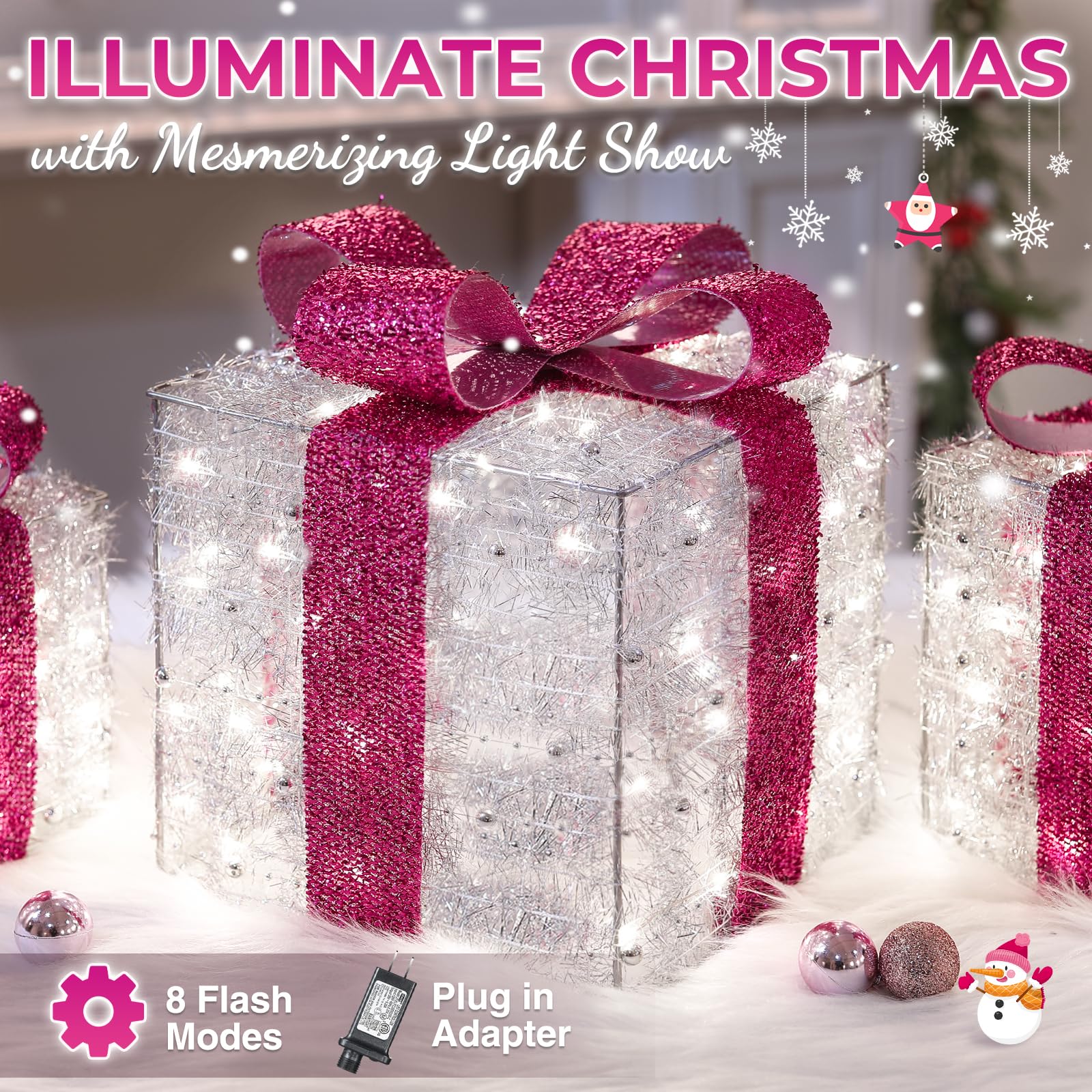 Quntis Christmas Decorations, Set of 3 Valentine's Day Gift Boxes with 140 LED Lights, 8 Flash Modes Lighted Present Boxes, Hot Pink Bow Xmas Boxes for Christmas Tree Indoor Outdoor Home Front Door