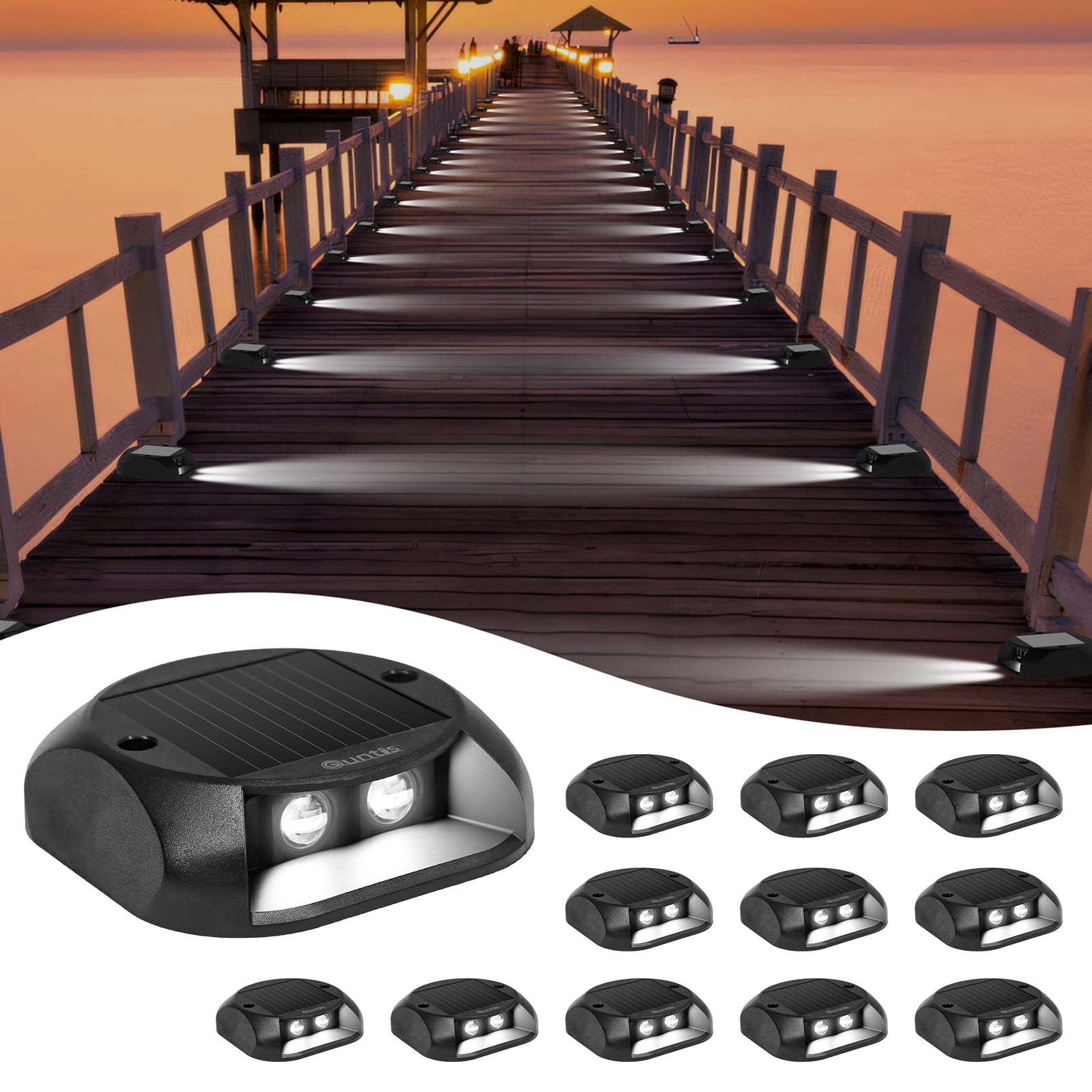 Quntis Solar Deck Lights Cool White, IP65 Waterproof Dusk to Dawn Ground Lights, High Visibility Solar Powered Outdoor Lighting for Deck, Step and Pathway