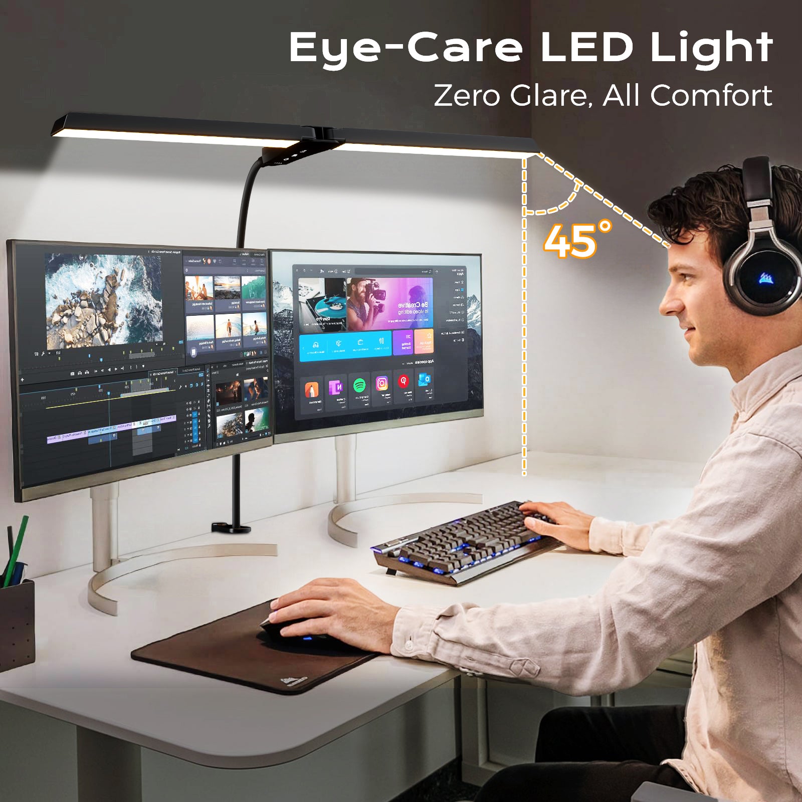 Dual-Head Eye-Caring Desk Lamp, No Blue Light, USB Powered, Dimmable LED Clamp Light for Reading, Study & Office, Soft Light That Won’t Hurt Eyes