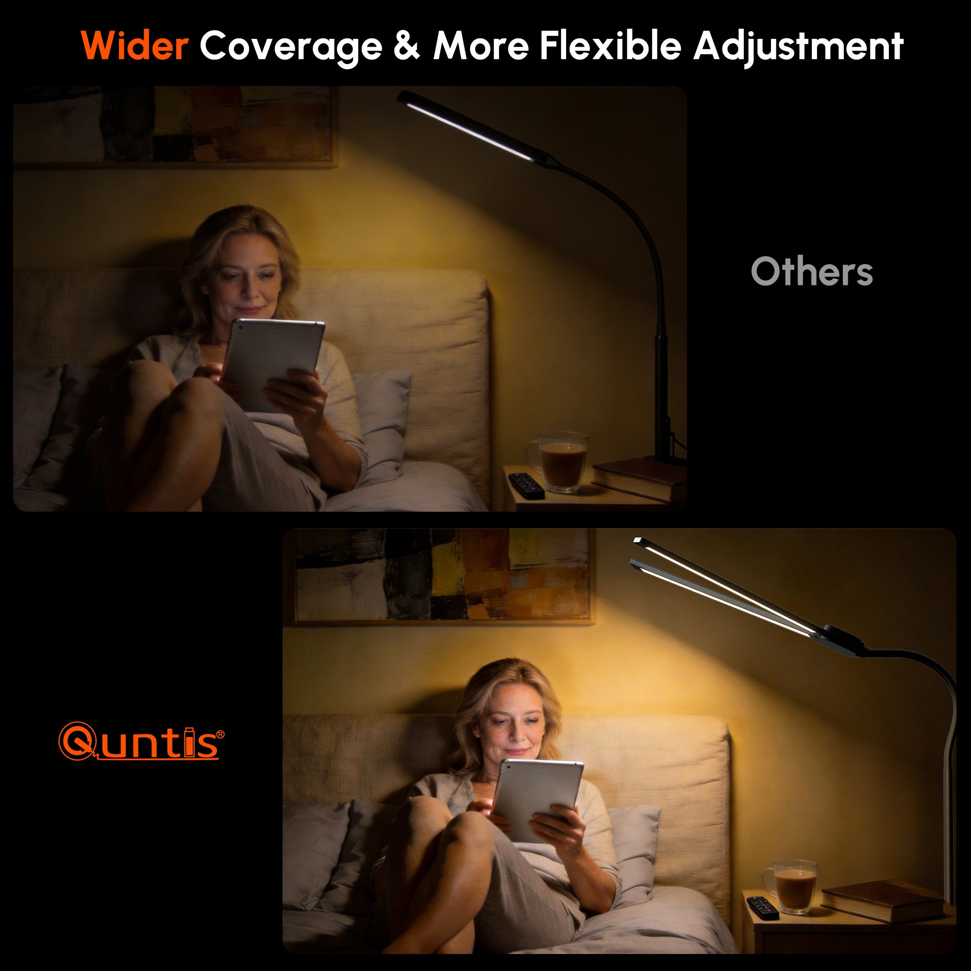 Quntis Dual-Head LED Desk Lamp with Clamp, Ultra-Wide Office Lamp for Dual Monitors, 360° Flexible Gooseneck Architect Lamp with Auto-Timer & Touch Control, CRI>90 Eye-Caring Task Light - Black
