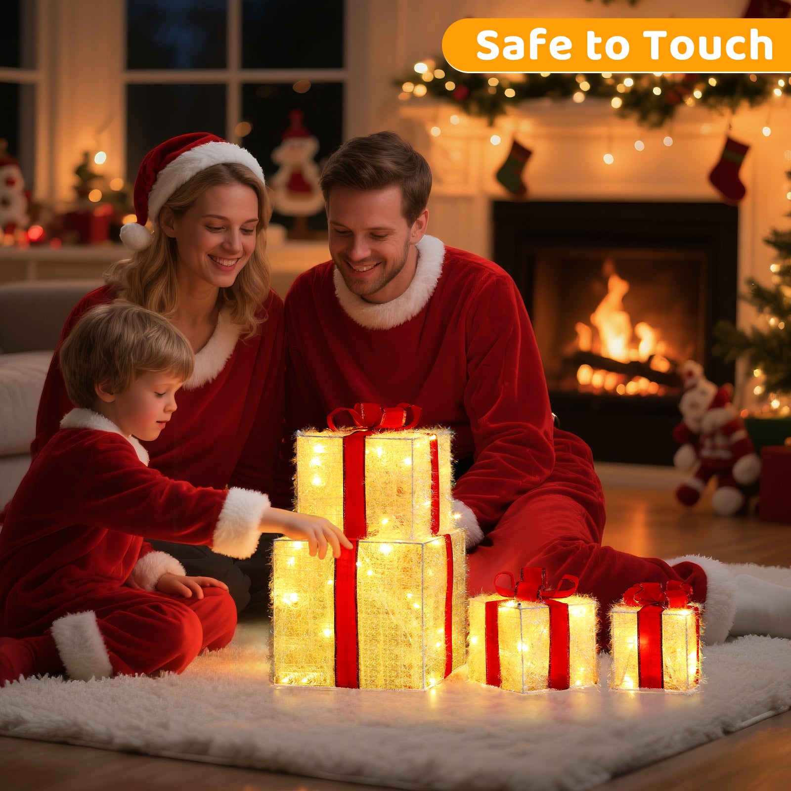 Quntis LED Christmas Gift Box Set 4 Piece Warm White Lights Stacked Present Boxes with 8 Lighting Modes for Holiday Decor