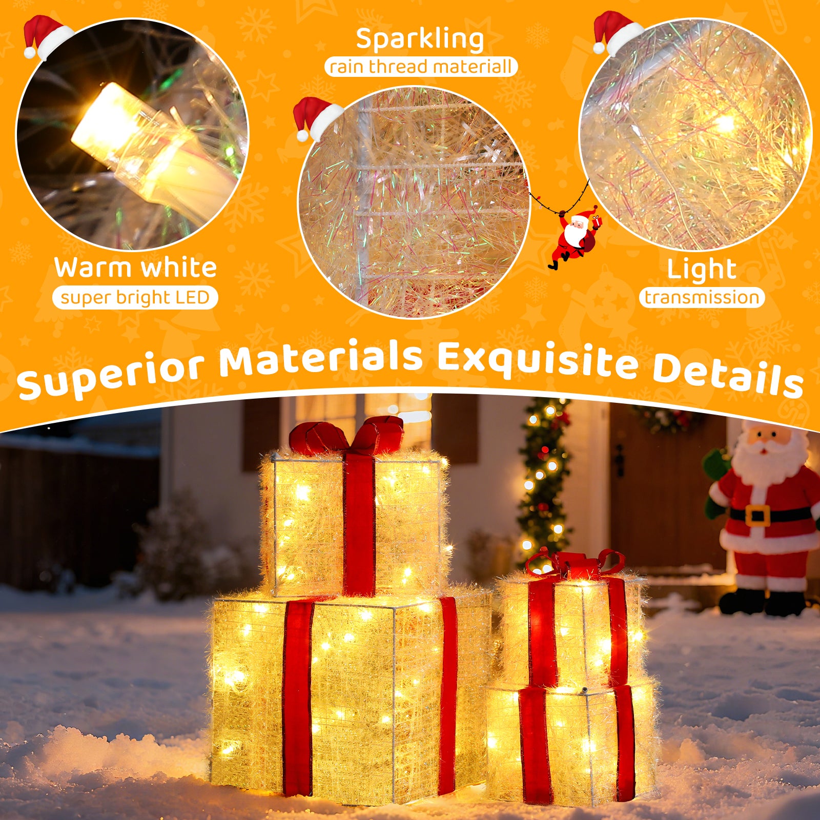 Quntis LED Christmas Gift Box Set 4 Piece Warm White Lights Stacked Present Boxes with 8 Lighting Modes for Holiday Decor