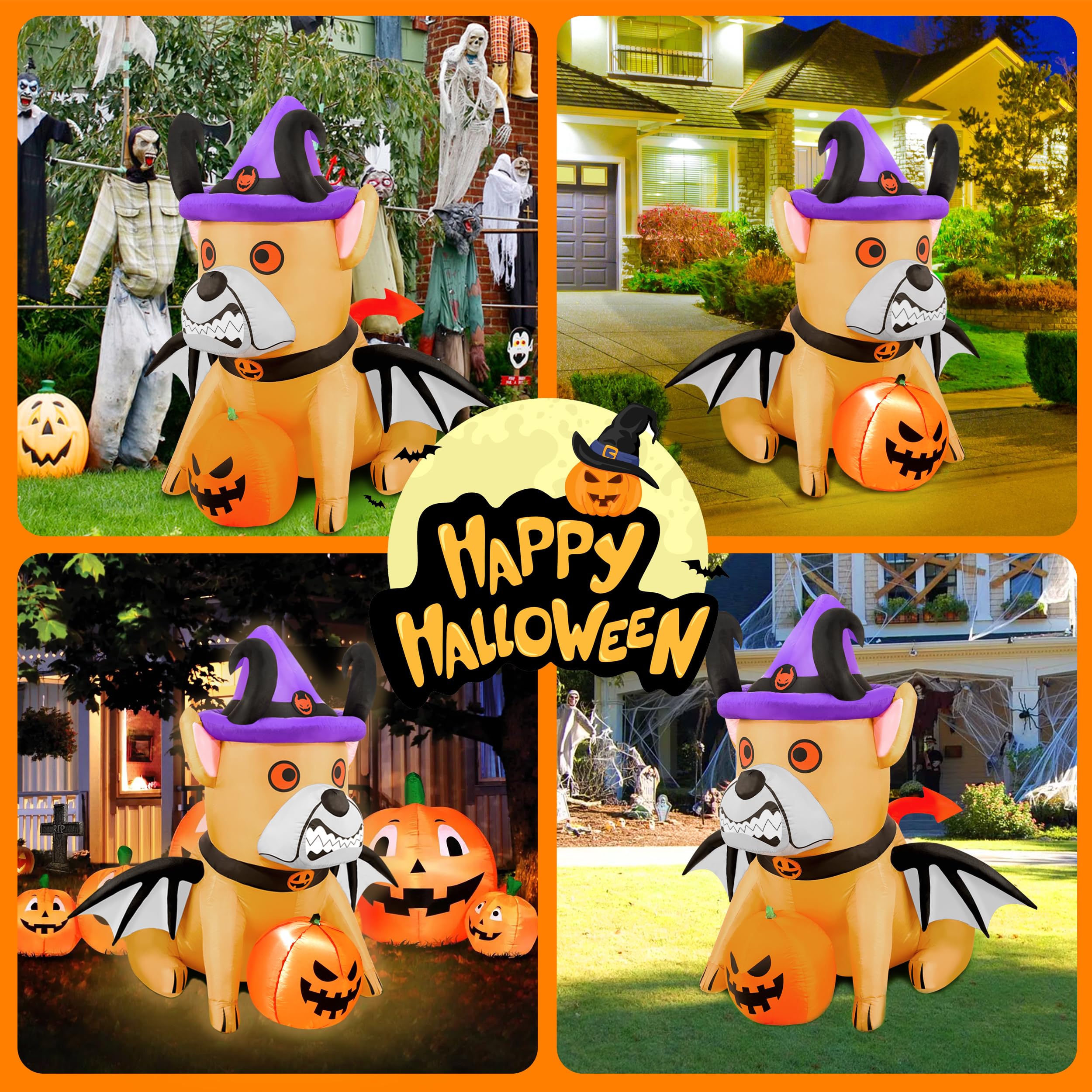 5FT Halloween Inflatables Devil Puppy Outdoor Decorations Build-in Bright LEDs Blow Up Yard with Pumpkin Wing Witch Hat Halloween Decor for Holiday Party Indoor Garden Lawn Home