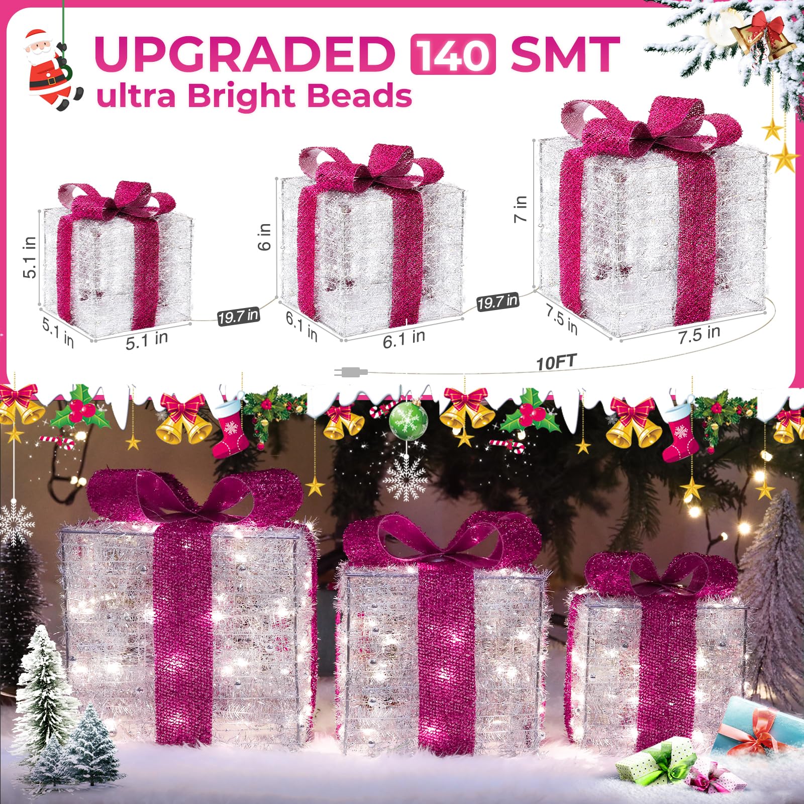 Quntis Christmas Decorations, Set of 3 Valentine's Day Gift Boxes with 140 LED Lights, 8 Flash Modes Lighted Present Boxes, Hot Pink Bow Xmas Boxes for Christmas Tree Indoor Outdoor Home Front Door