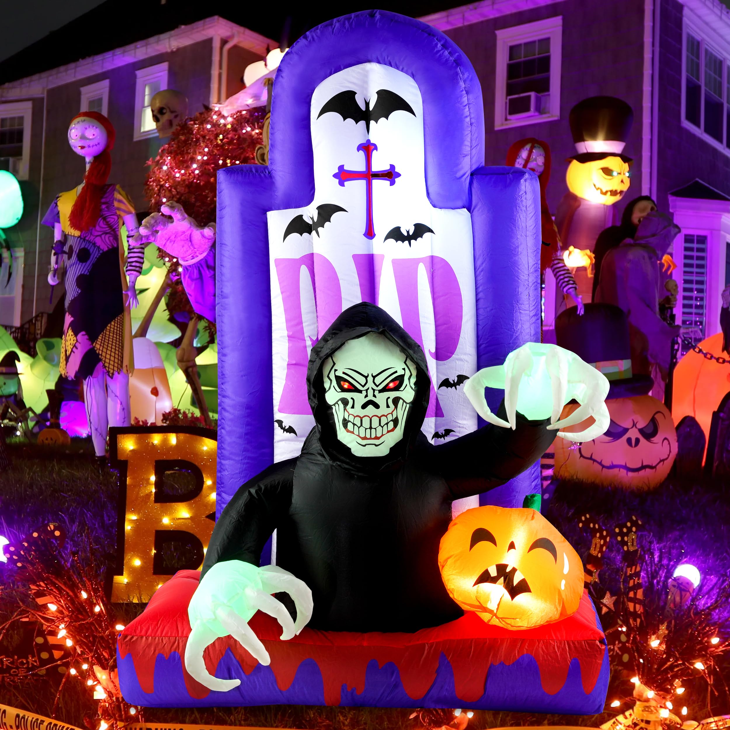 Quntis Inflatable Halloween Yard Decorations，Outdoor Blow Up Yard Grim Reaper Pumpkin Gravestones Decor，Built-in LED Lights for Outdoor Halloween Lawn Decor