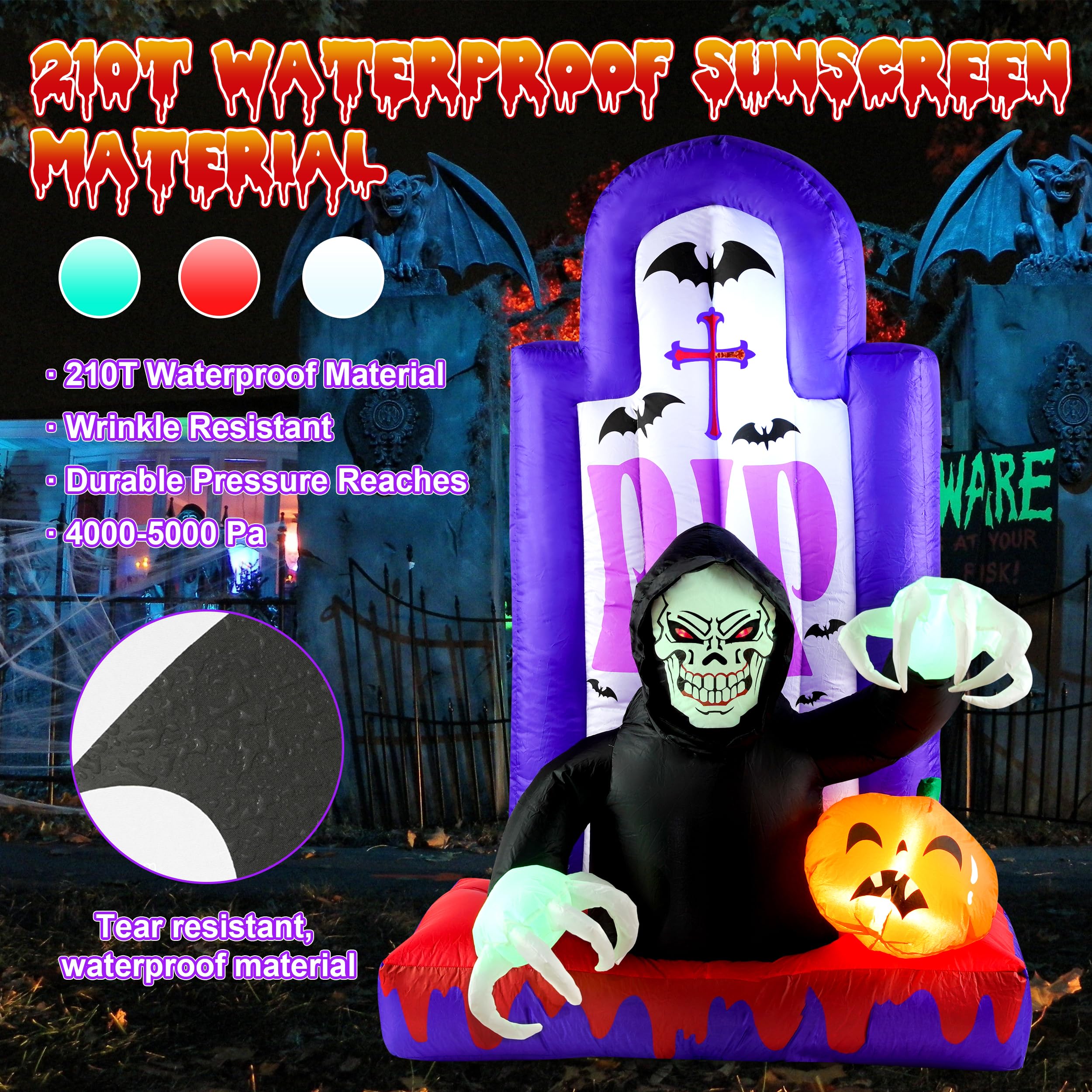 Quntis Inflatable Halloween Yard Decorations，Outdoor Blow Up Yard Grim Reaper Pumpkin Gravestones Decor，Built-in LED Lights for Outdoor Halloween Lawn Decor