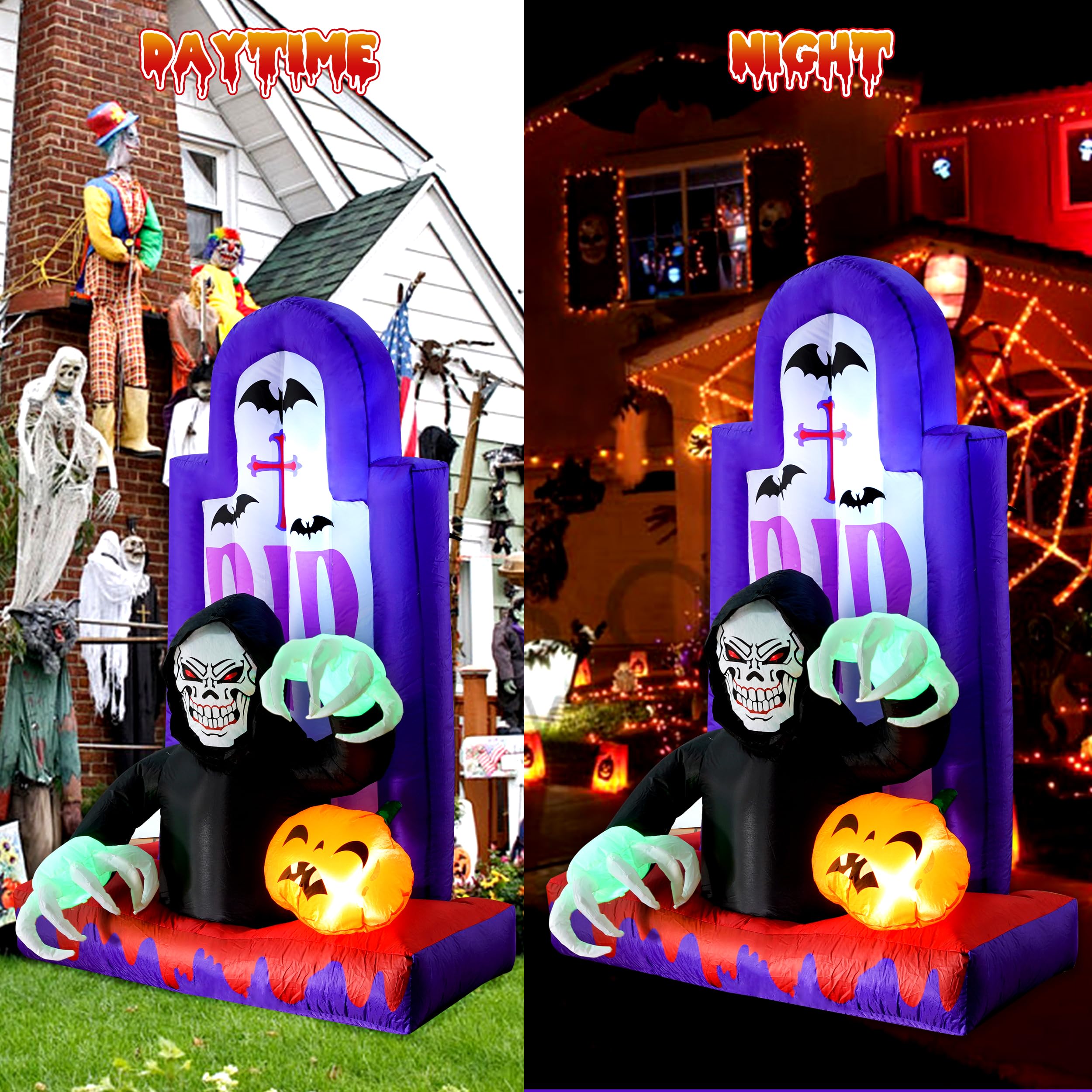 Quntis Inflatable Halloween Yard Decorations，Outdoor Blow Up Yard Grim Reaper Pumpkin Gravestones Decor，Built-in LED Lights for Outdoor Halloween Lawn Decor
