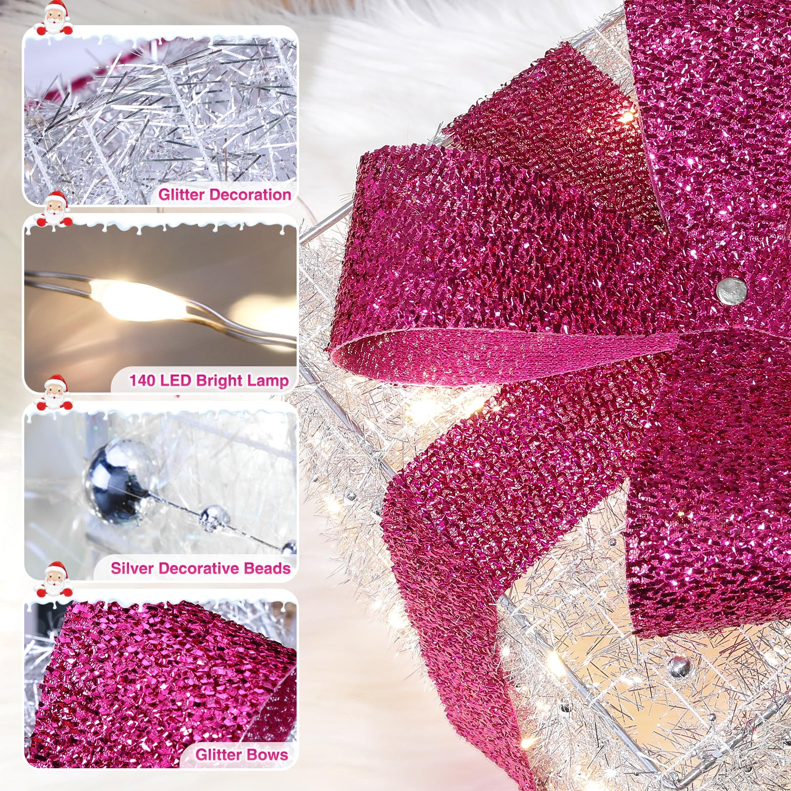 Quntis Christmas Decorations, Set of 3 Valentine's Day Gift Boxes with 140 LED Lights, 8 Flash Modes Lighted Present Boxes, Hot Pink Bow Xmas Boxes for Christmas Tree Indoor Outdoor Home Front Door