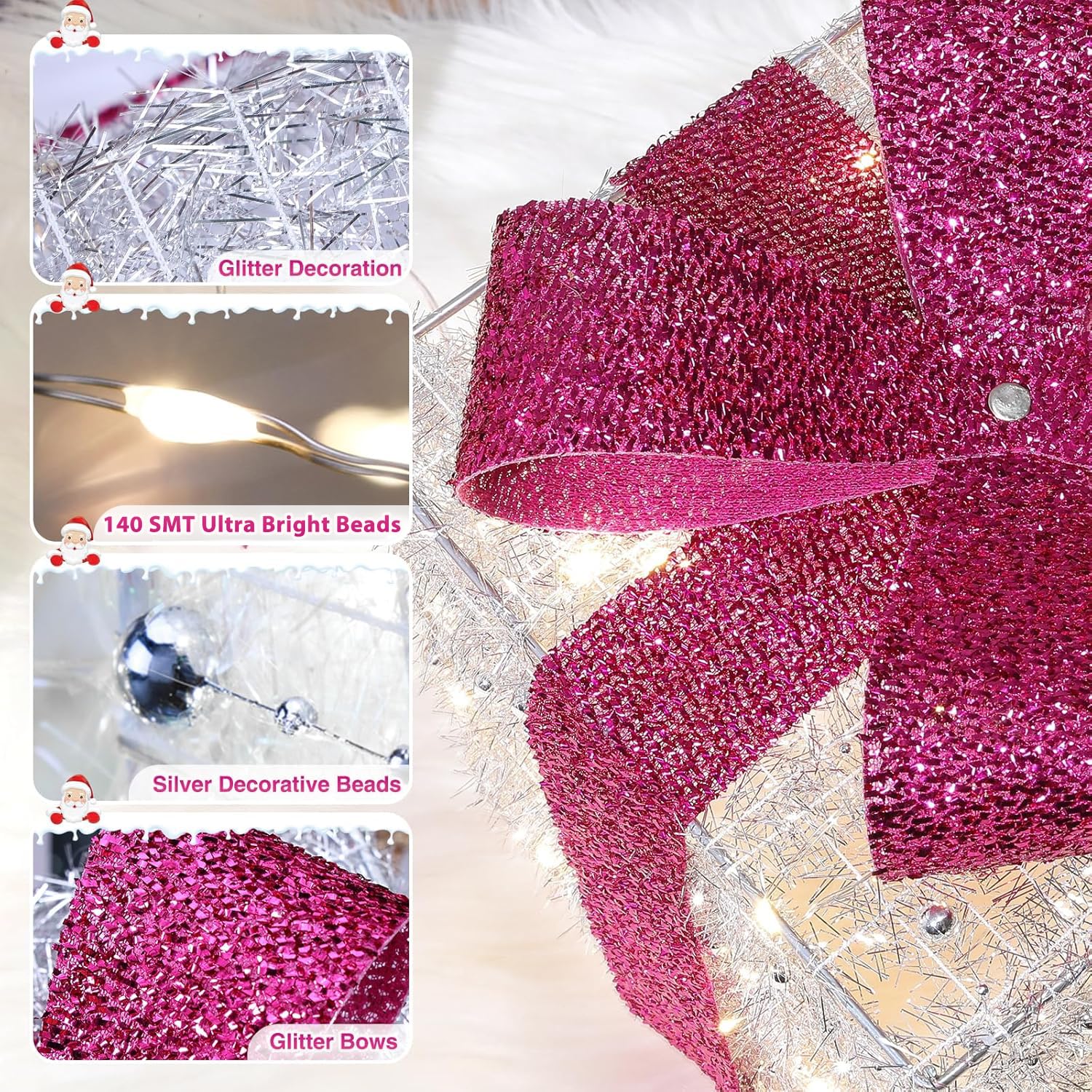 Quntis Christmas Lighted Gift Boxes, Pink Christmas Decorations Indoor 8 Modes & Timer Function Set of 3 Plug-in Light Up Present Boxes Christmas Decor 140 LEDs for Holiday Party Xmas Indoor Outdoor