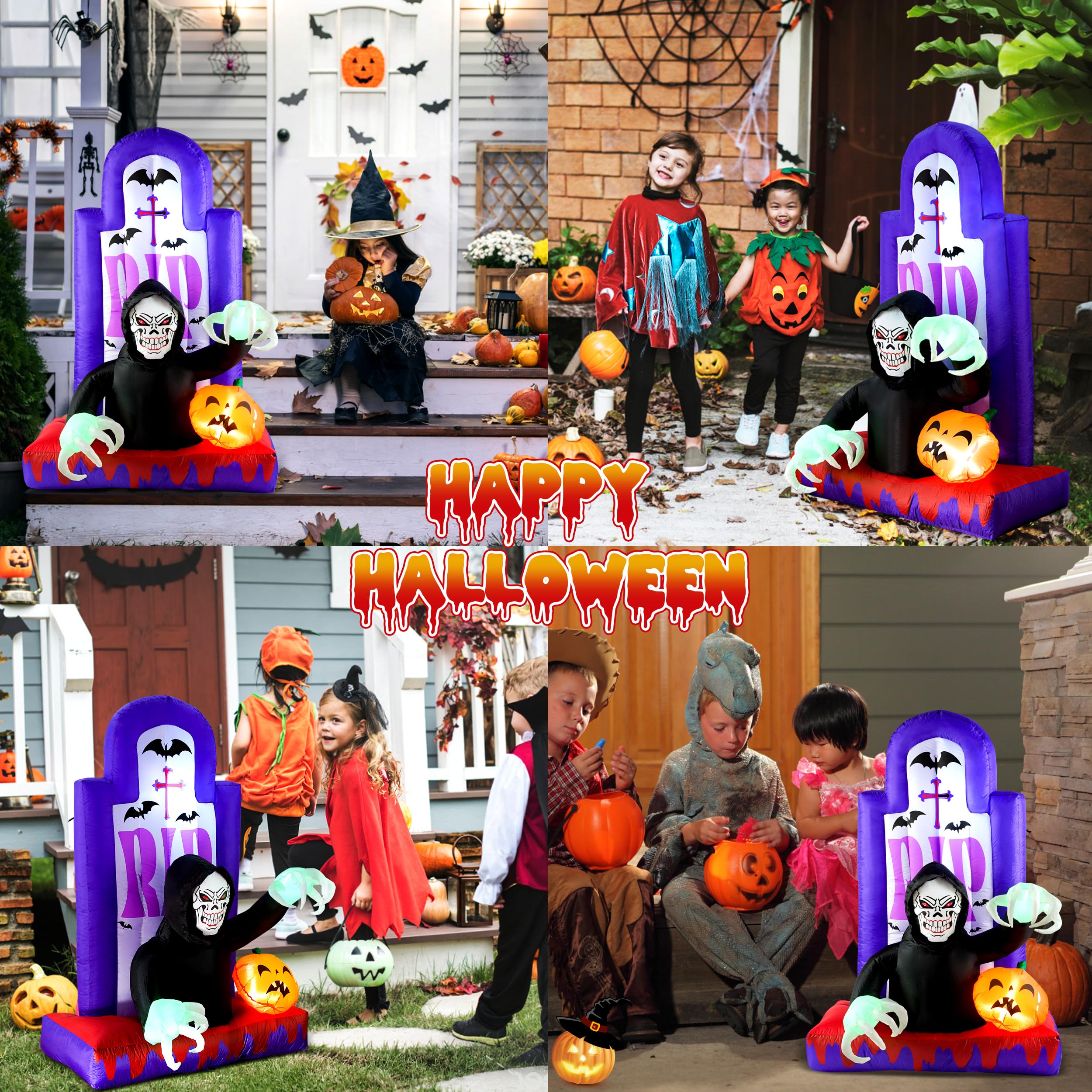 Quntis Inflatable Halloween Yard Decorations，Outdoor Blow Up Yard Grim Reaper Pumpkin Gravestones Decor，Built-in LED Lights for Outdoor Halloween Lawn Decor