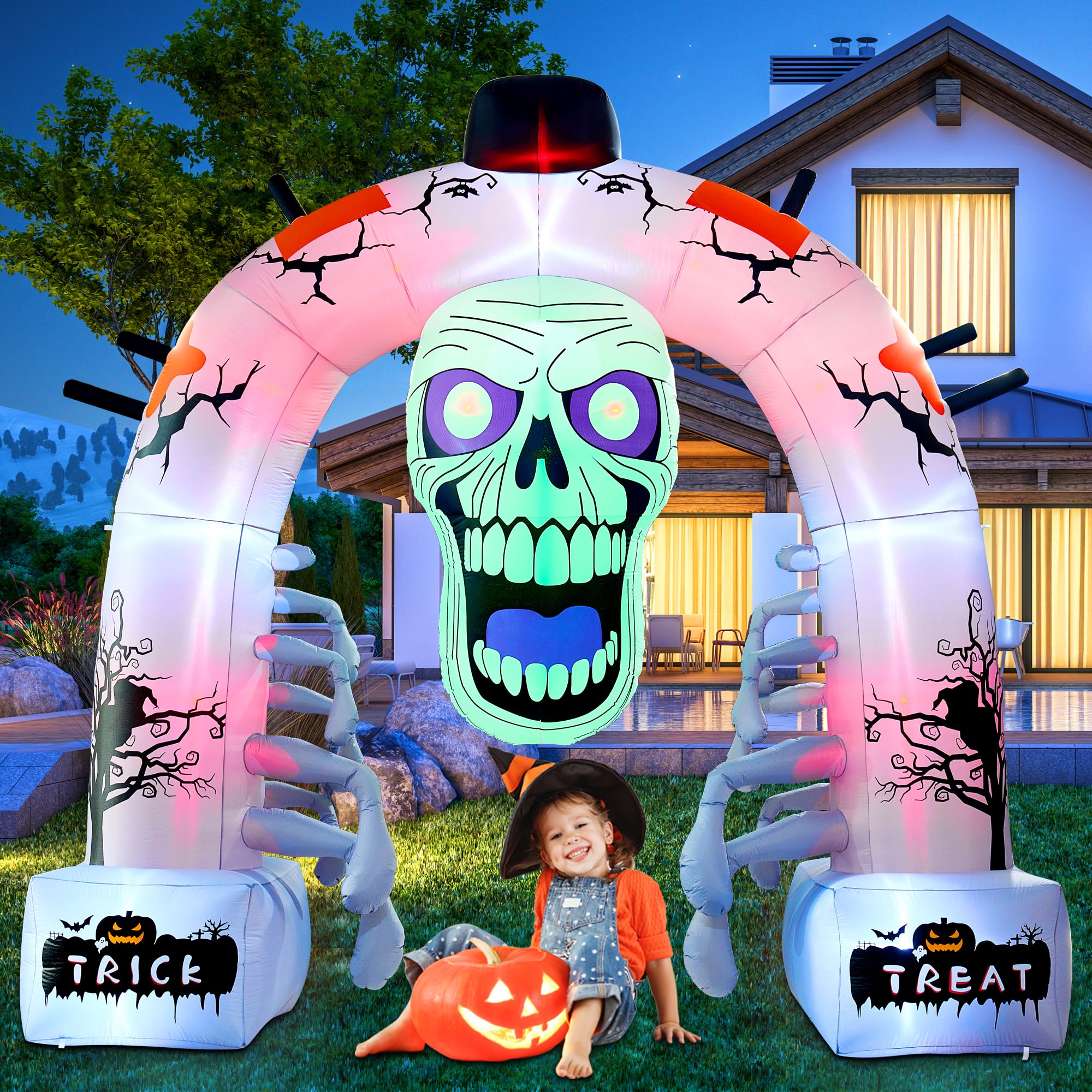 Quntis 12 FT Halloween Inflatables, Scary Skeleton Archway Halloween Inflatable Outdoor Decoration, Build-in LEDs Spooky Blow Up Yard Halloween Arch for Decor Outside Holiday Party Garden Lawn