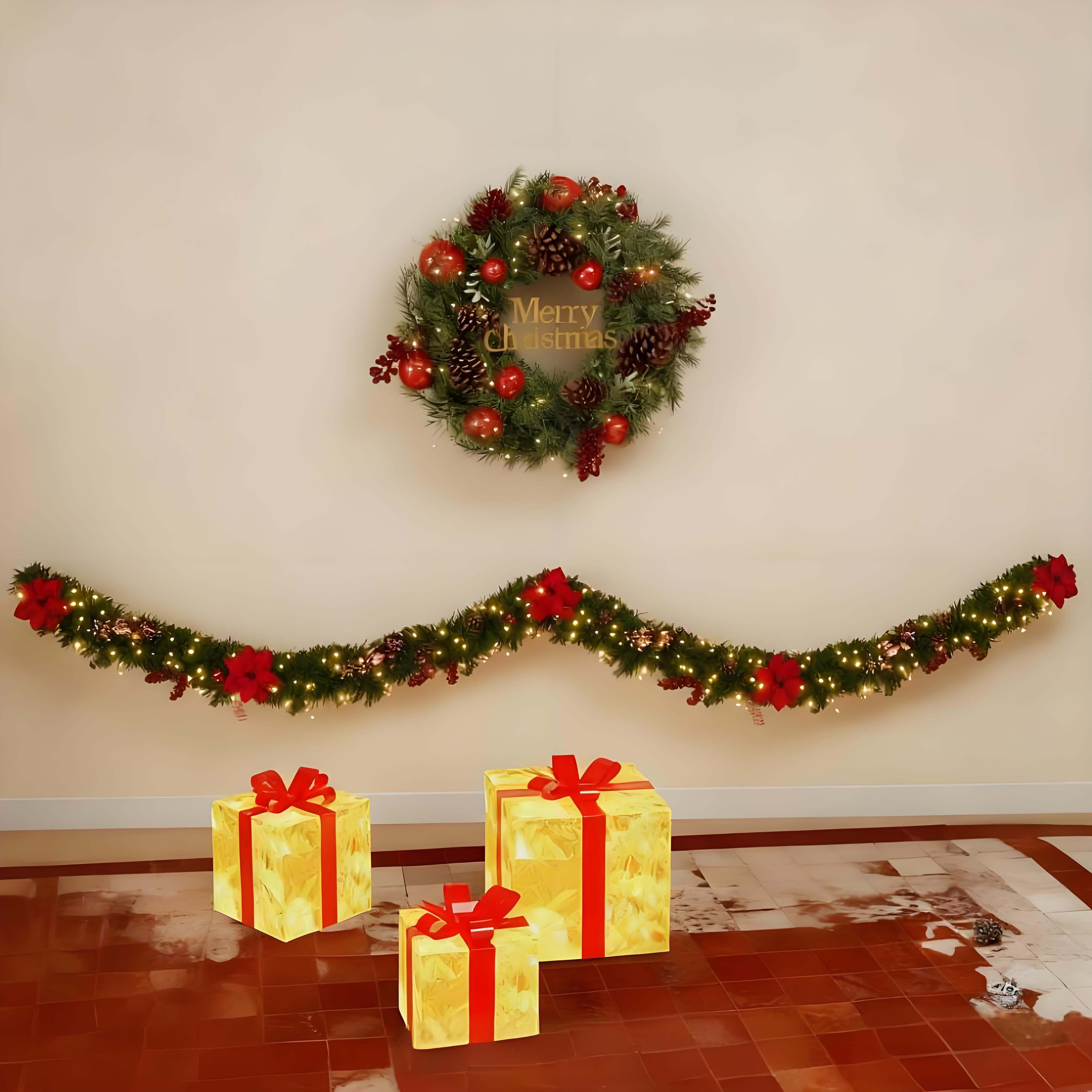 5-Pieces Christmas Bundle – 1 Wreath + 1 Garland + 3 Gift Box Set