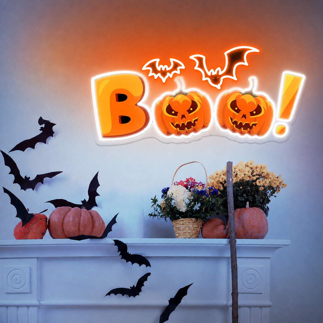 Halloween BOO Pumpkin Neon Sign with Bats – LED Wall Light for Spooky Party & Home Decor