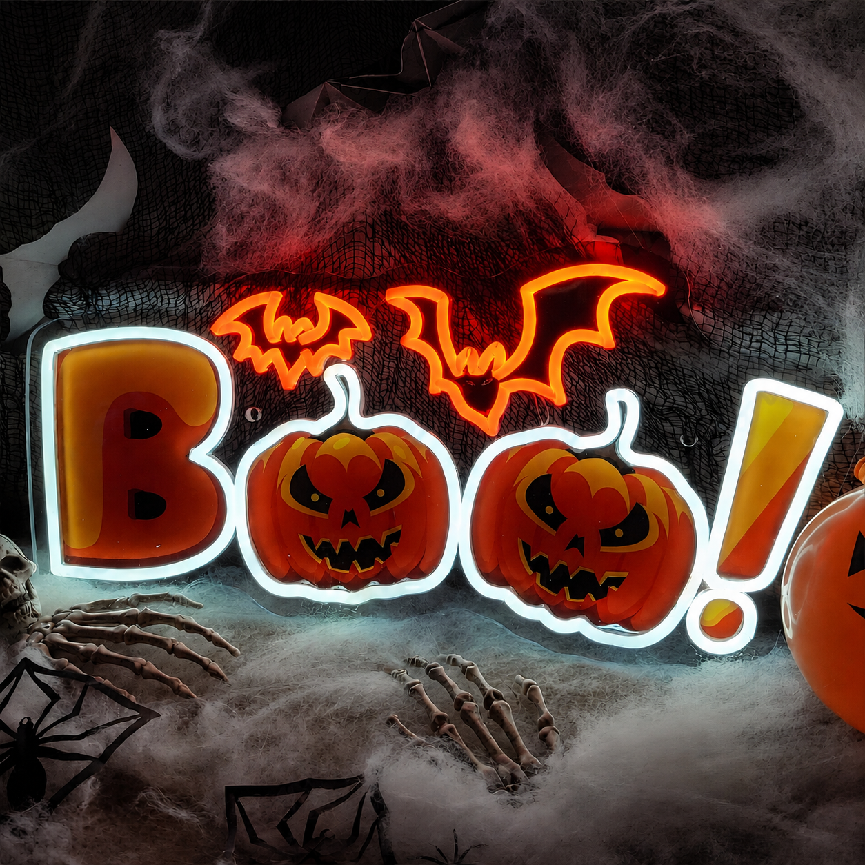 Halloween BOO Pumpkin Neon Sign with Bats – LED Wall Light for Spooky Party & Home Decor
