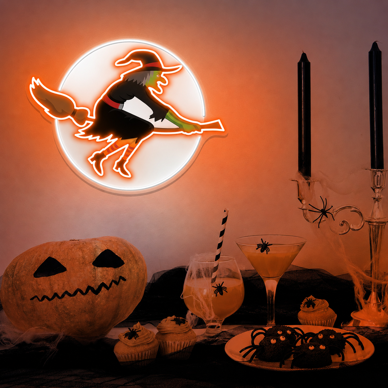 Halloween Witch Neon Sign – Flying Witch on Broom LED Wall Light for Spooky Party & Home Décor