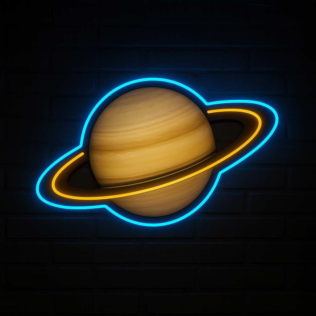 Saturn Neon Sign – Gold Ring UV Printed Planet Wall Light, Modern Space Decor