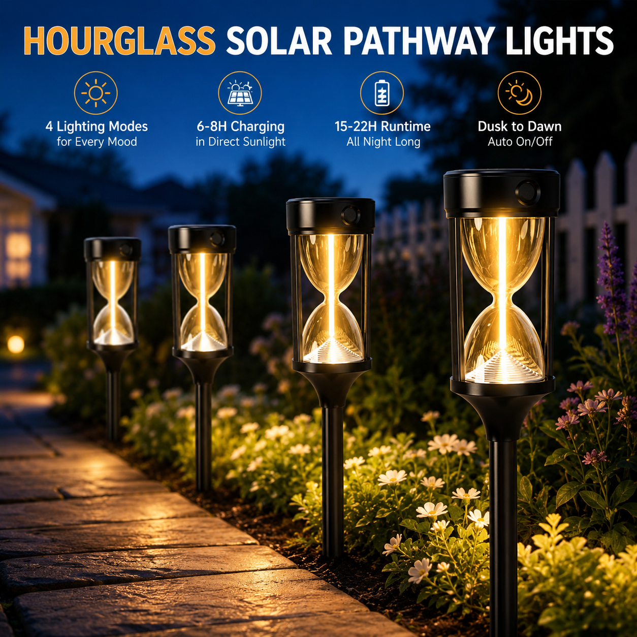 Quntis Hourglass Solar Pathway Lights, 4 Dynamic Flowing Light Modes, Warm White IPX4 Waterproof Outdoor Garden Lights, Dusk-to-Dawn Solar Landscape Lights, 4/8 Pack
