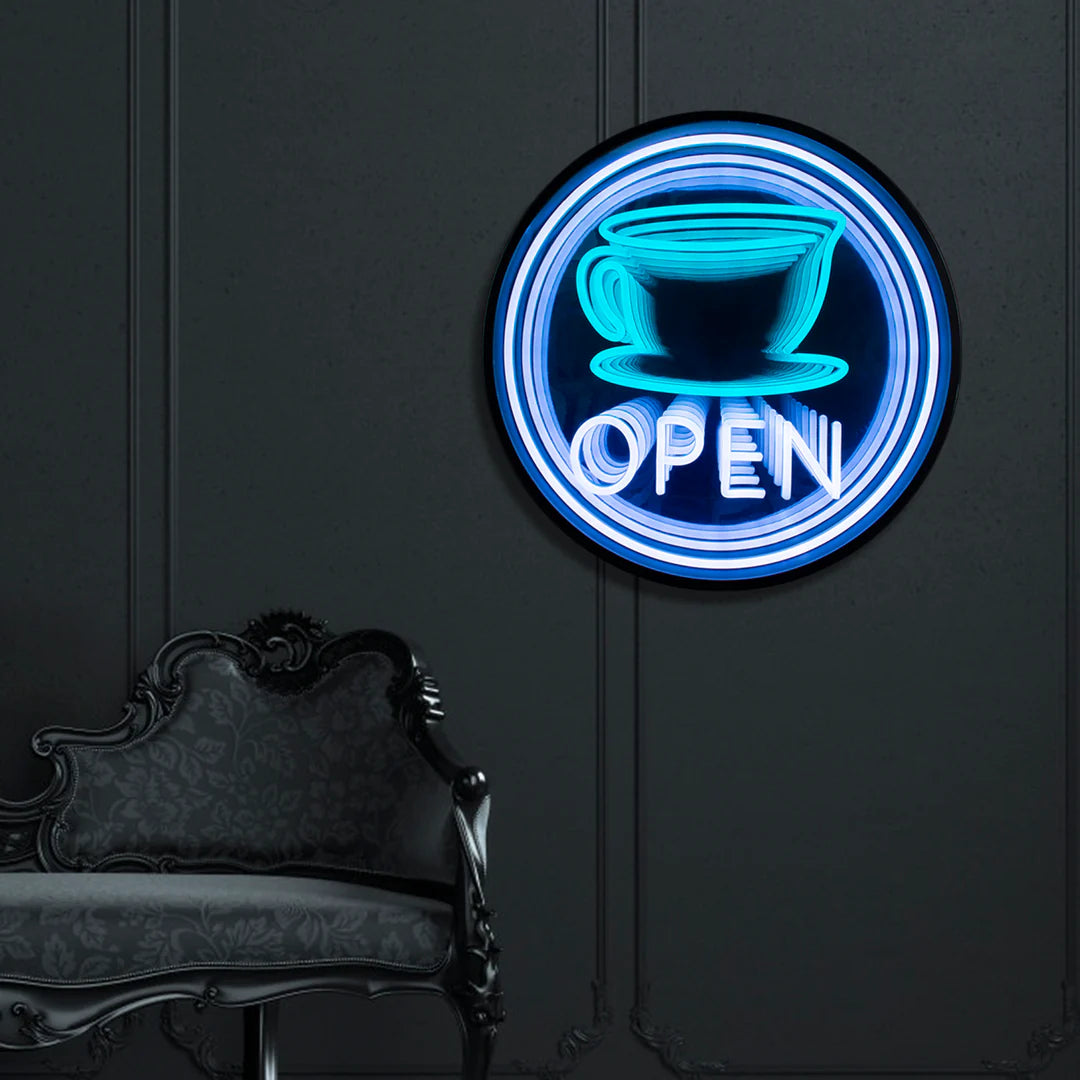 Letrero de Neón 'ABIERTO' Taza de Café 3D Infinito ¨C Perfecto para Cafés y Rincones Acogedores