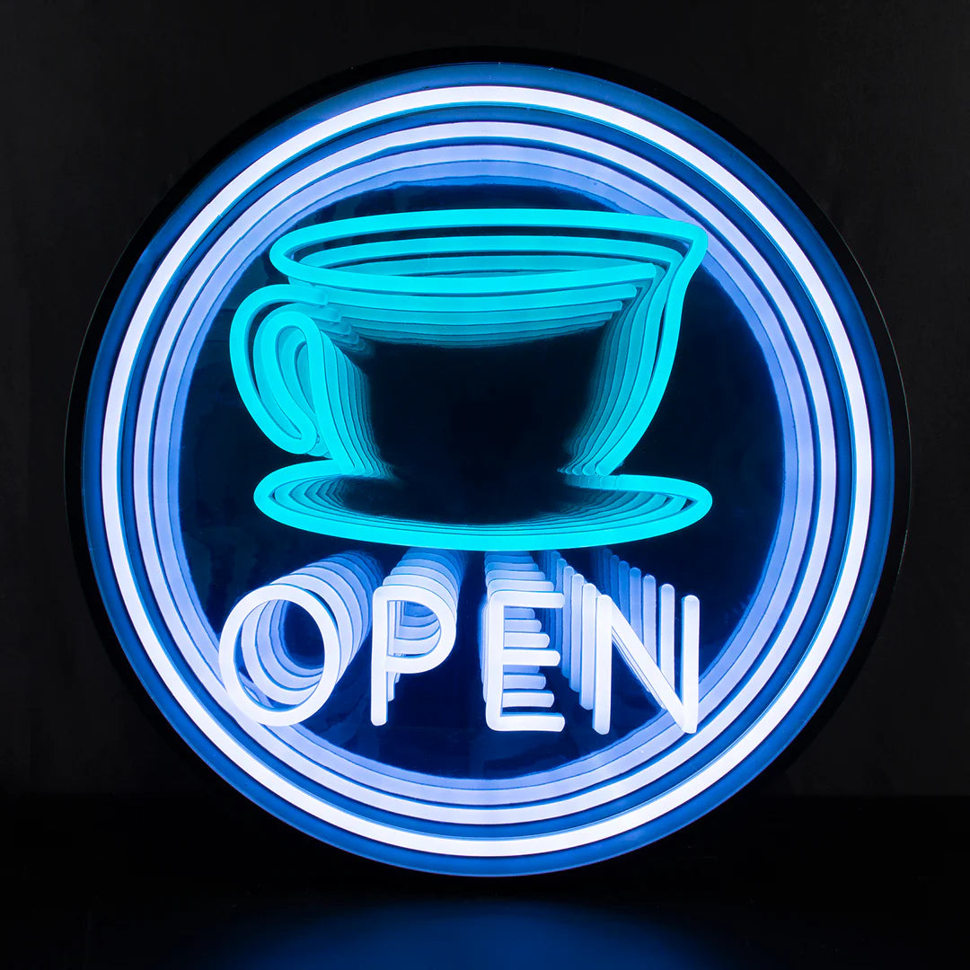 Letrero de Neón 'ABIERTO' Taza de Café 3D Infinito ¨C Perfecto para Cafés y Rincones Acogedores