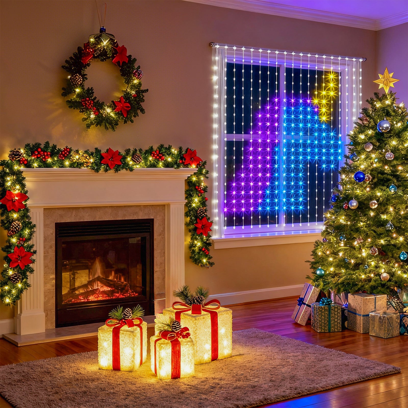 Quntis 4-in-1 Christmas Decoration Bundle — 1× Snow Gift Box Set, 1× Poinsettia Garland, 1× 7.6m 760-LED Warm White Centipede Lights, 1× 3×3m Transparent Wire Colorful Curtain Lights with Remote