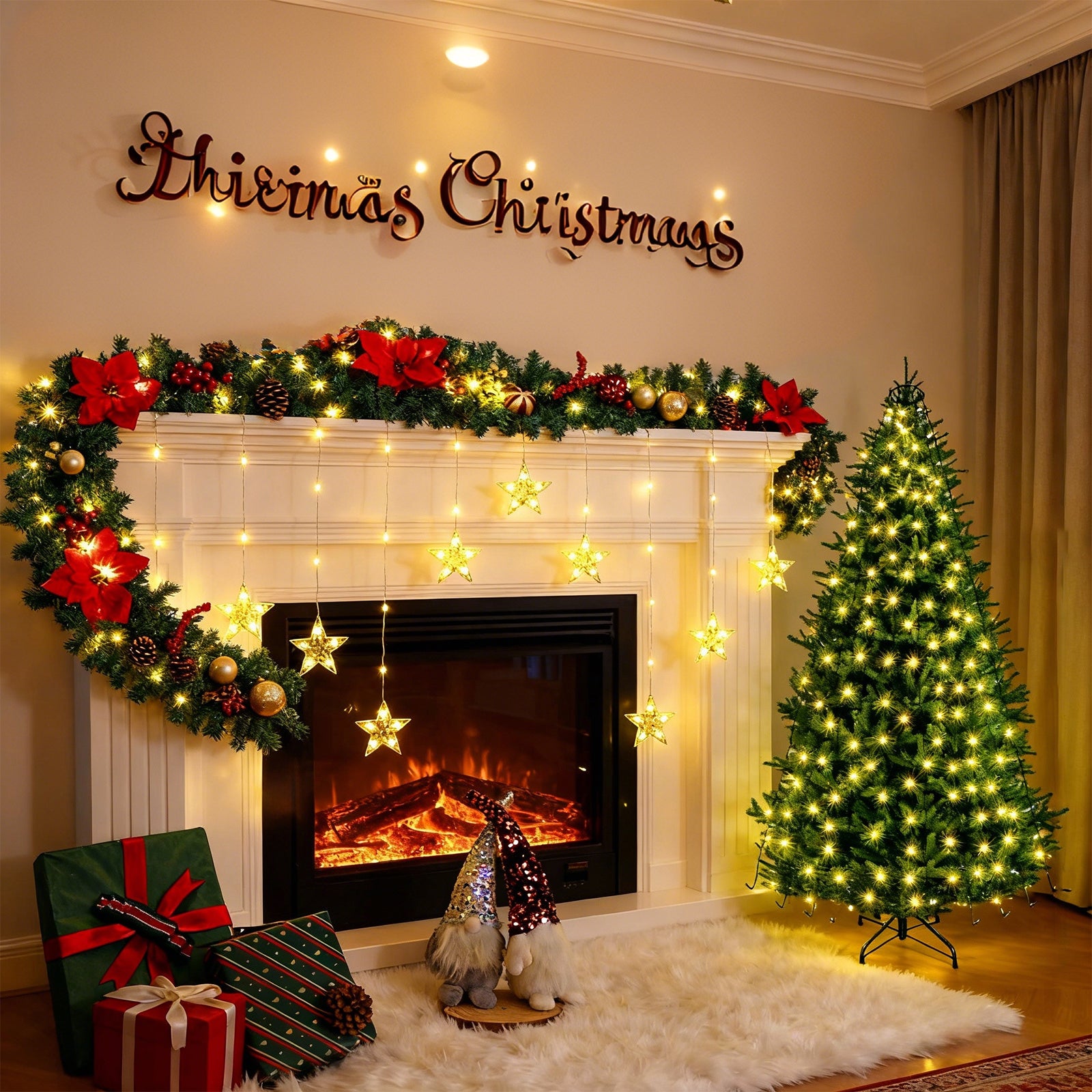 Quntis 3-in-1 Christmas Bundle — 1× Poinsettia Garland, 1× 9-Light Irregular Pearl Window Star Lights (Warm White), 1× Green Wire Diamond Ring Christmas Tree Lights