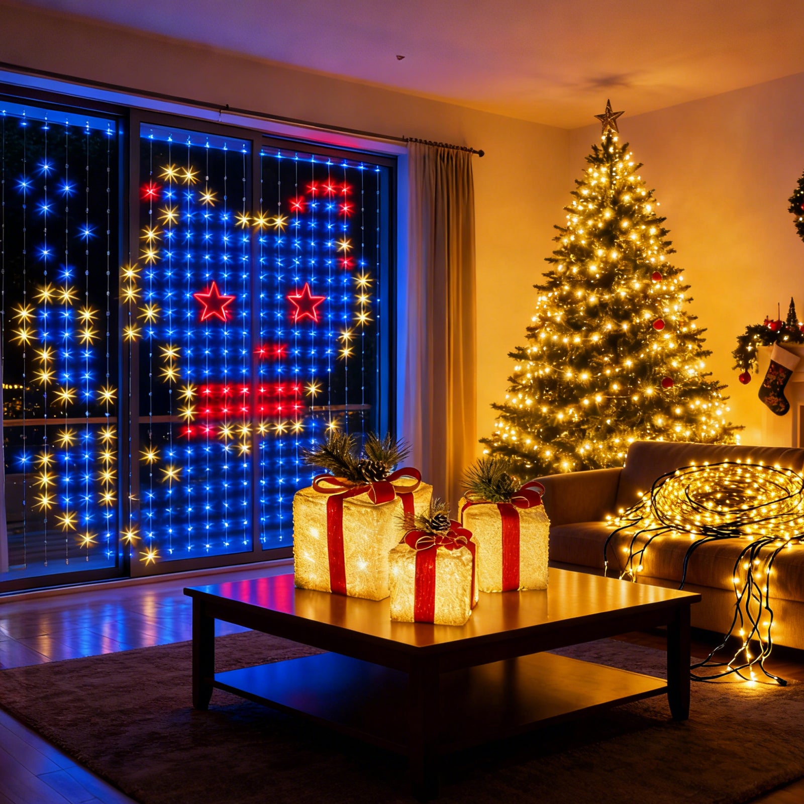 Quntis 6-in-1 Christmas Decoration Bundle — 1× Snow-Glow Gift Box Set (3 pcs), 1× 3×3m Christmas Curtain Lights, 1× 40m 300-LED Battery String Lights, 1× 25m 1000-LED Christmas Tree Lights for Holiday Indoor & Outdoor Decor