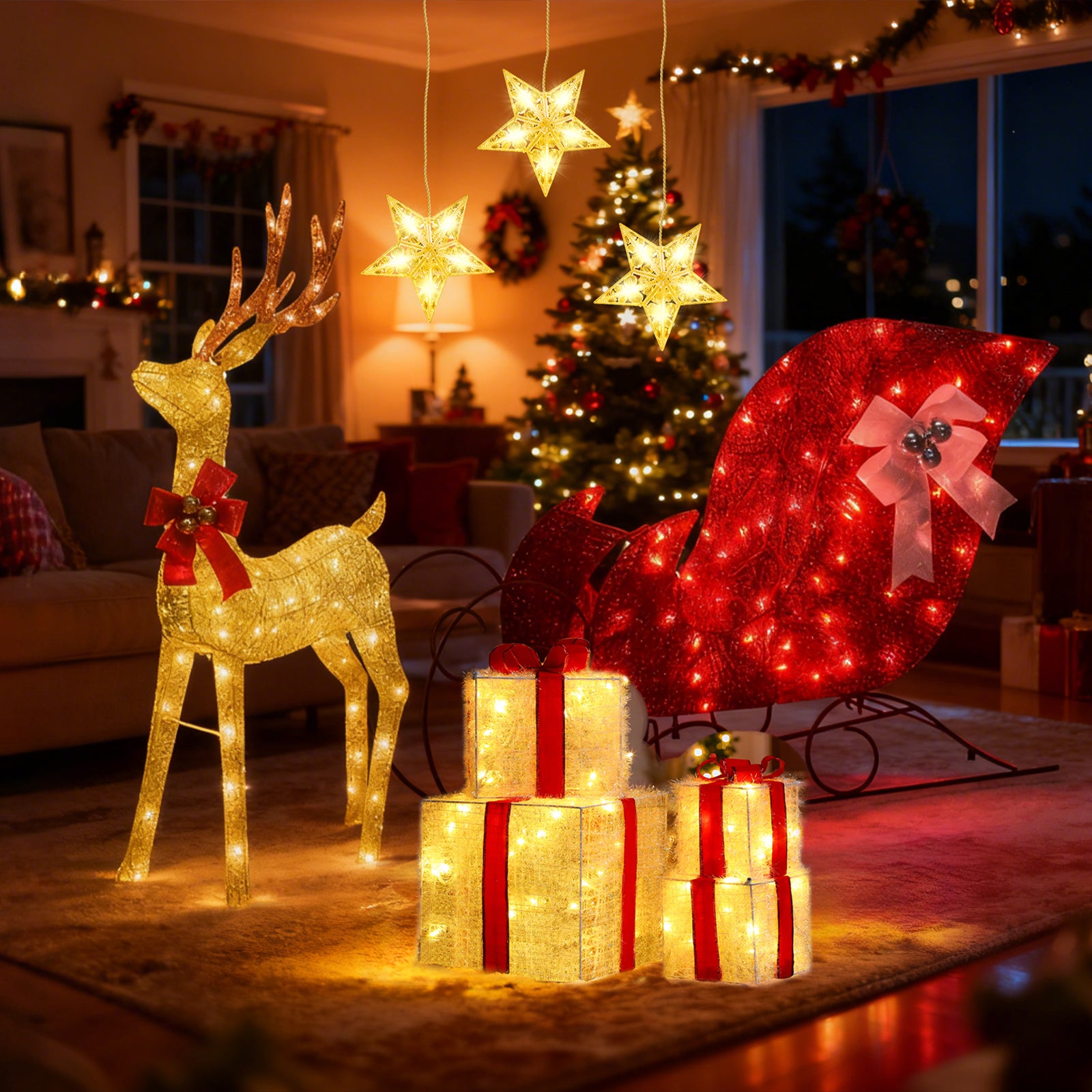 Quntis 3-Piece Holiday Christmas Bundle – Reindeer Car Light, 1-to-3 Diamond Crystal Window Star Lights & 4-Piece Ribbon Gift Box Set