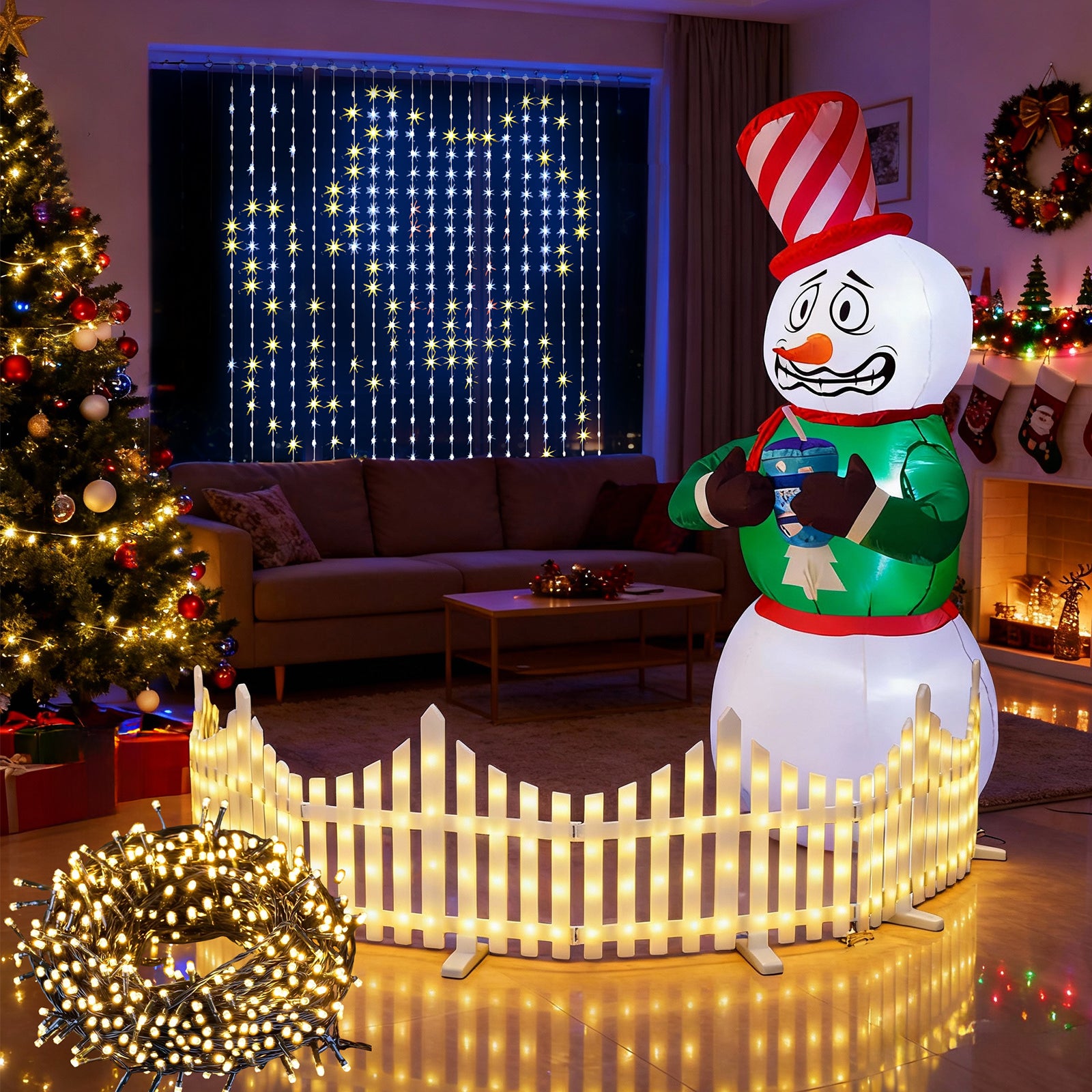 Quntis 4-Piece Christmas Lighting & Inflatable Decor Bundle – 6FT Shaking Snowman, 3x3M Remote-Control RGB Curtain Lights, 50M Warm White String Lights, and 8-Panel Arc Fence Lights