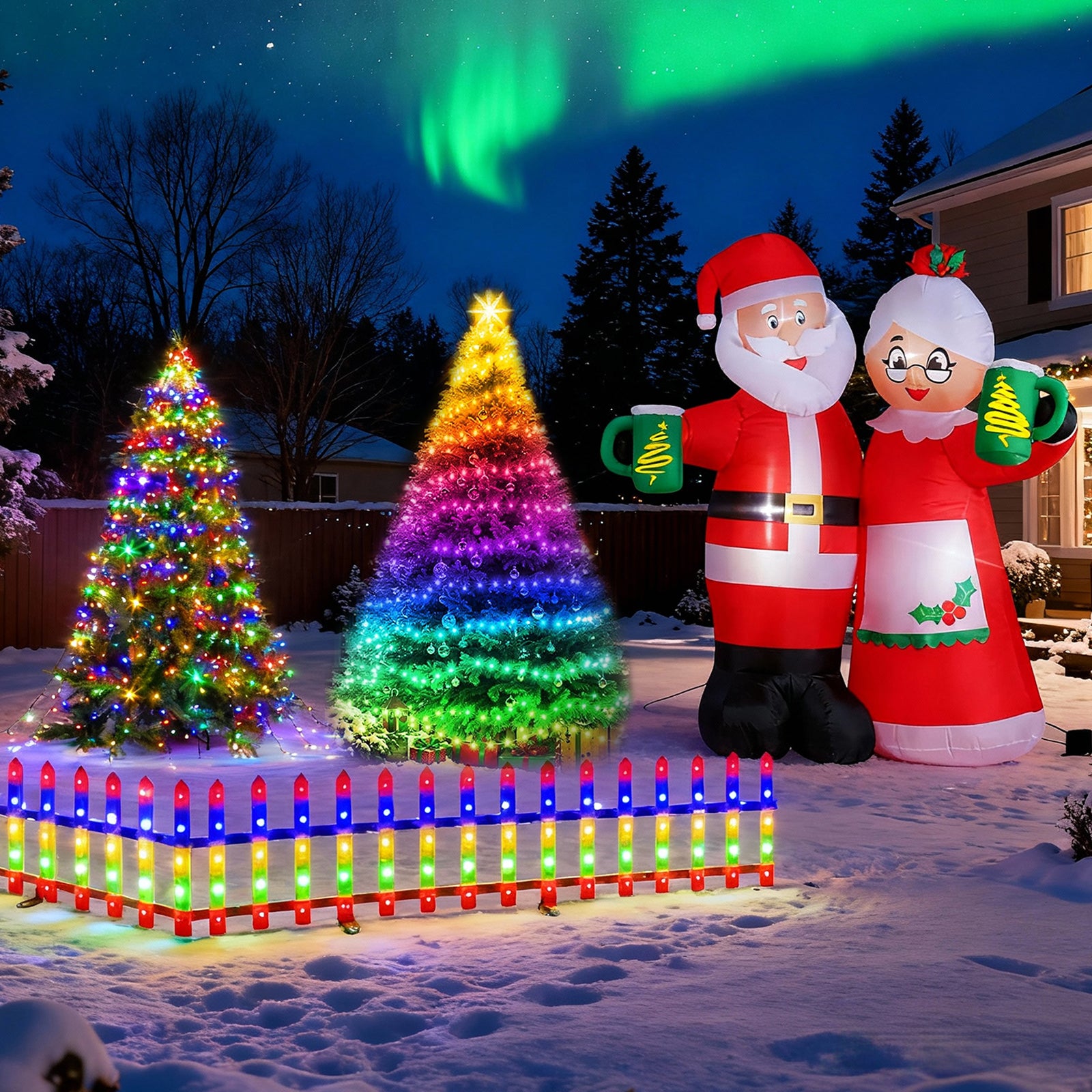 4-Piece Christmas Decoration Bundle – Colorful Diamond Ring Tree Light Strip, Flowing Fairy String Lights, Fence Panel Lights & 7FT Santa Cheers Inflatable (US Plug)