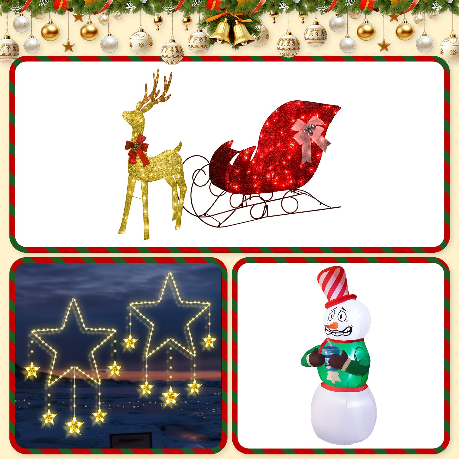 Quntis 3-in-1 Christmas Decoration Bundle — 1× Large White Reindeer Car Iron Light, 1× 2-Pack Warm White Star Dreamcatcher Window Lights, 1× 6FT Inflatable Snowman for Holiday Outdoor Decor