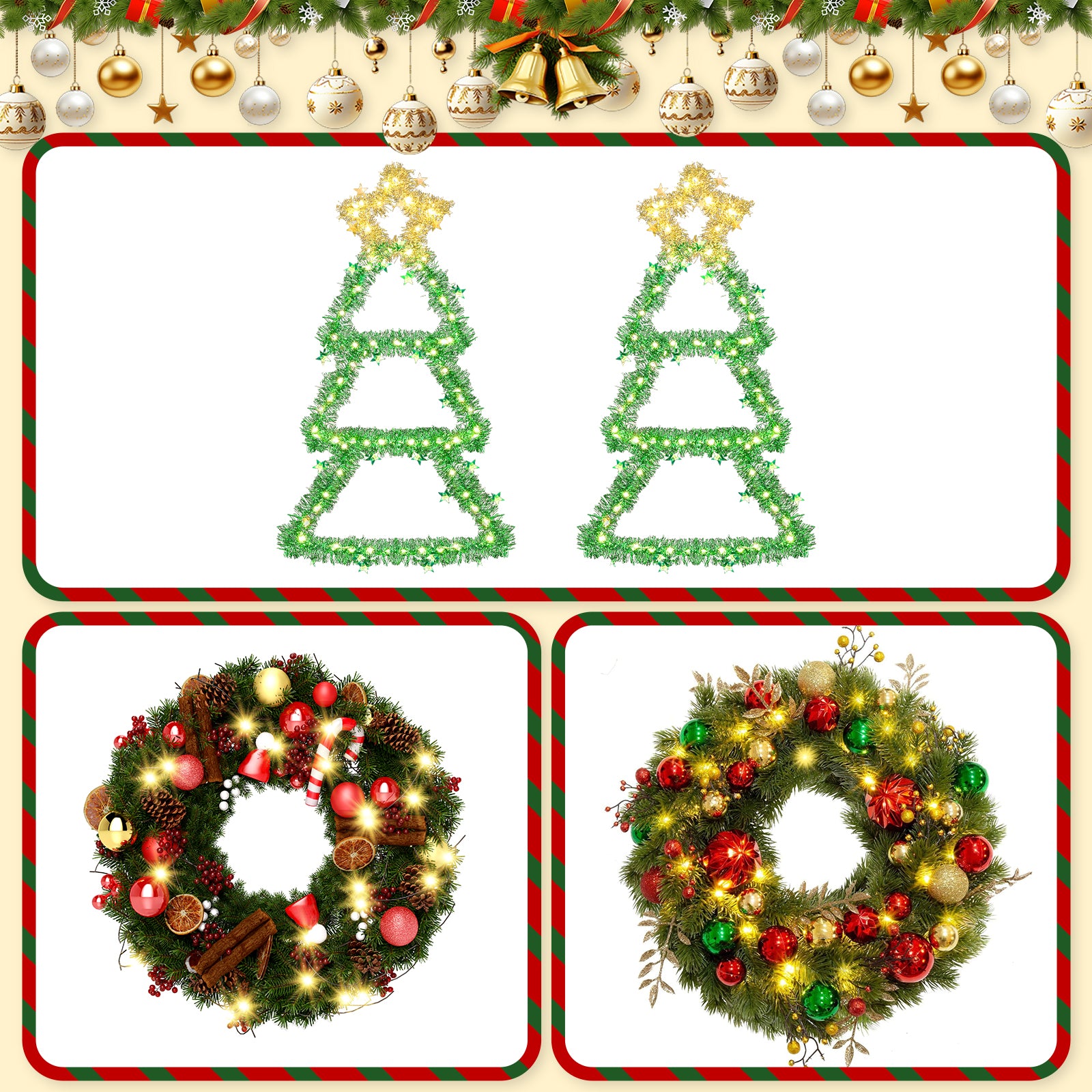 Quntis 4-in-1 Christmas Bundle — 2× 66cm Foldable Iron Christmas Trees with 110 Warm LED Lights, 1× Red/Gold/Green Shiny Ball Wreath, 1× Candy Cane Colorful Wreath
