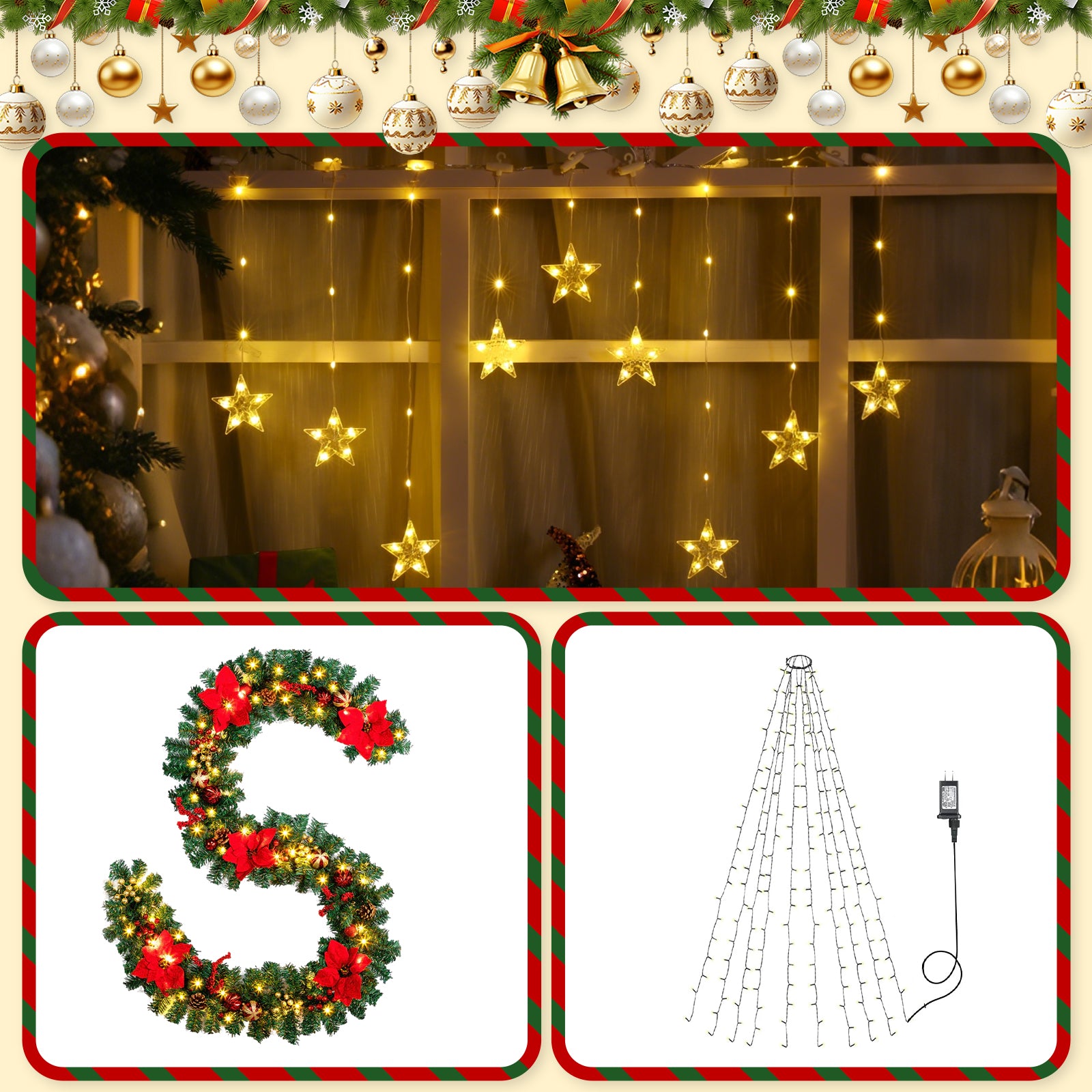 Quntis 3-in-1 Christmas Bundle — 1× Poinsettia Garland, 1× 9-Light Irregular Pearl Window Star Lights (Warm White), 1× Green Wire Diamond Ring Christmas Tree Lights