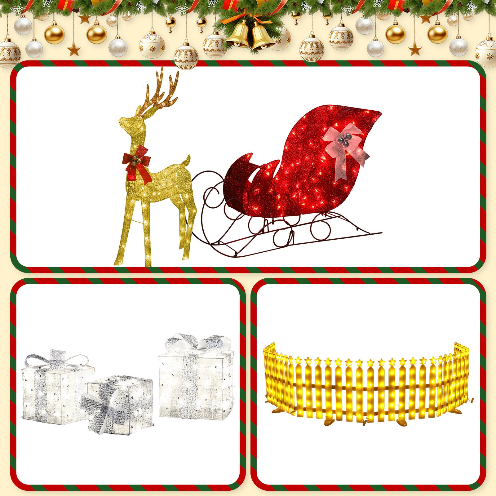 Quntis 3-Piece Christmas Holiday Bundle – Gold Reindeer Car Iron Art Light, 12-Star Christmas Tree Fence Lights, Silver Bead String 3-Piece Gift Box Set