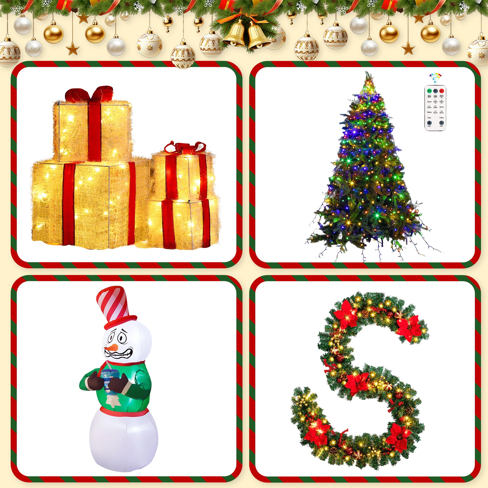 4-Piece Christmas Decoration Set – Diamond Ring Tree Light, Poinsettia Garland, 3D Gift Boxes & 6FT Waving Snowman Inflatable